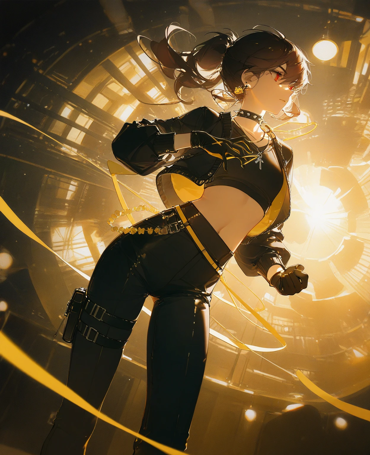 RAW, Masterpiece, Super Fine Photo, Ultra High Resolution, Photorealistic, Sunlight, Full Body Portrait, Stunningly Beautiful, Dynamic Poses, Delicate Face, Vibrant Eyes, solo, diverse group of friends, solo, deep ebony 1girl, black girl, beautiful face, curly afro hair, black lips, a female character is wearing a yellow and black colored top outfit with a backpack and a yellow hoodie jacket, black, yellow and white sports leisure, yellow futuristic smart goggles, clear lens, green eyes, leggings pants, long hair, diamond earrings, cybernetically enhanced, chatting and laughing in an office breakroom. The friends are gathered around a table or casually leaning against counters, engaged in lively conversation. Some are holding coffee cups or snacks, enjoying a break from work. The atmosphere is relaxed and friendly, with warm lighting enhancing the camaraderie. The breakroom is well-equipped with a coffee maker, microwave, and comfortable seating. Showcase diverse expressions and body language to illustrate the natural and comfortable interaction among the friends. Use vibrant colors and detailed features to bring life to the scene, conveying a sense of companionship and relaxation during this casual office moment., and a yellow hoodie jacket, black, yellow and white sports leisure, yellow futuristic smart goggles, clear lens, green eyes, leggings pants, long hair, diamond earrings, cybernetically enhanced, she is standing in front of spaceships and satellites, starry night sky, pigeoncore, neo-dadaist, Asuka Langley, neon genesis EVA suit, mechanized precision, space crew member, she holds an important position, in crowd spectator at a tech conference in the style of mecha sci-fi anime, 8k, best quality, highres, Unreal Engine:1.4,Ultra-realistic 64K CG, Photorealista:1.4, Skin Texture:1.4, Volumetric fog, 8k uhd, dslr, high quality, film grain, fair skin, photorealism, lomography, sprawling metropolis in a futuristic dystopia, translucent, safe for work