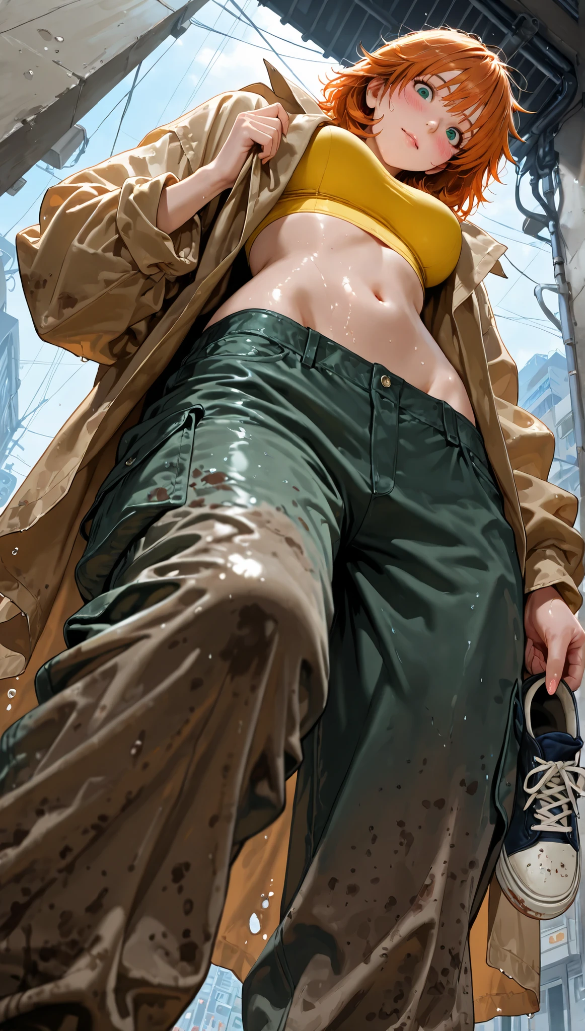 1girl, solo, misty \(photorealistic\), 1girl, solo, misty \(photorealistic\), surprised, (from below:2.0), dutch angle, standing, (looming over the viewer), (close-up groin shot), blushing face, embarrassed yet teasing expression, wet 1girl, solo, misty \(photorealistic\), (masterpiece:1.2), best quality, (ultra-detailed), detailed_skin, detailed_hair, detailed_face, high contrast, (very aesthetic:1.2), (masterpiece, Highest Quality, Super Detailed, high resolution, absurd), detailed background,                 
1 woman holding thunder, middle-aged homeless women, messy hair, unkempt hair, tired face, oversized rag coats, Worn Shoes, sitting on the ground, look down, lonely mood, dirty clothes, Frayed Sleeves, patchwork coats,  Muddy Pants , crinkled cloth, rough textures, Cardboard boxes nearby, city street corner
It's raining , it's descending to avoid her ,　She's holding an invisible umbrella ,
