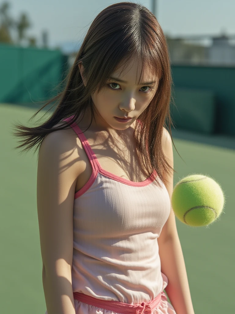 ((masterpiece, 4K)), Excellent , Nice face, (((masterpiece))), One Young Woman、10 years old、child, Japan tennis players、Stand on the tennis court、Open your mouth and speak、Hold the racket in your right hand、Point forward with your left hand、Serious expression、 Wearing a tennis uniform, good, flat , Browsing Caution , Part of a ,  are visible, Pony Talk, Sun visor spot, Sweat, sweat drop, cute face, tone body, beautiful,