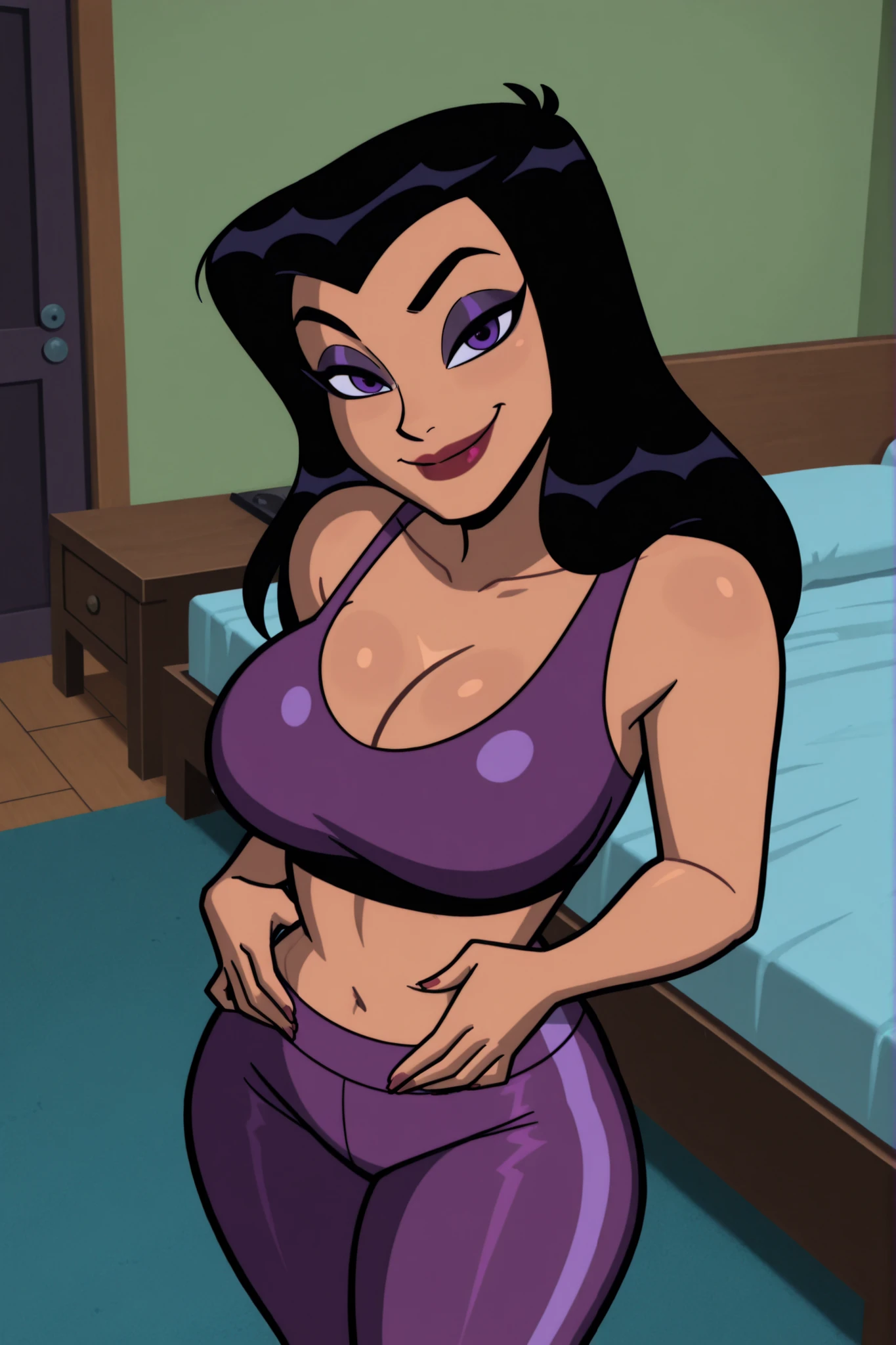 BREAK, score_8_up, score_7_up, score_6_up, score_9, h00nt33s 1girl, solo, long hair, , smile, black hair, purple eyes, makeup, lipstick, cleavage, curvy, athletic, looking at viewer, seducing viewer, teasing viewer, indoors, bedroom, standing,  expression, bedroom eyes, busty, purple sports bra, purple jogging pants, portrait, upper body, closeup, high-angle view, dark purple eyeshadow, black eyeliner, hands on waist 