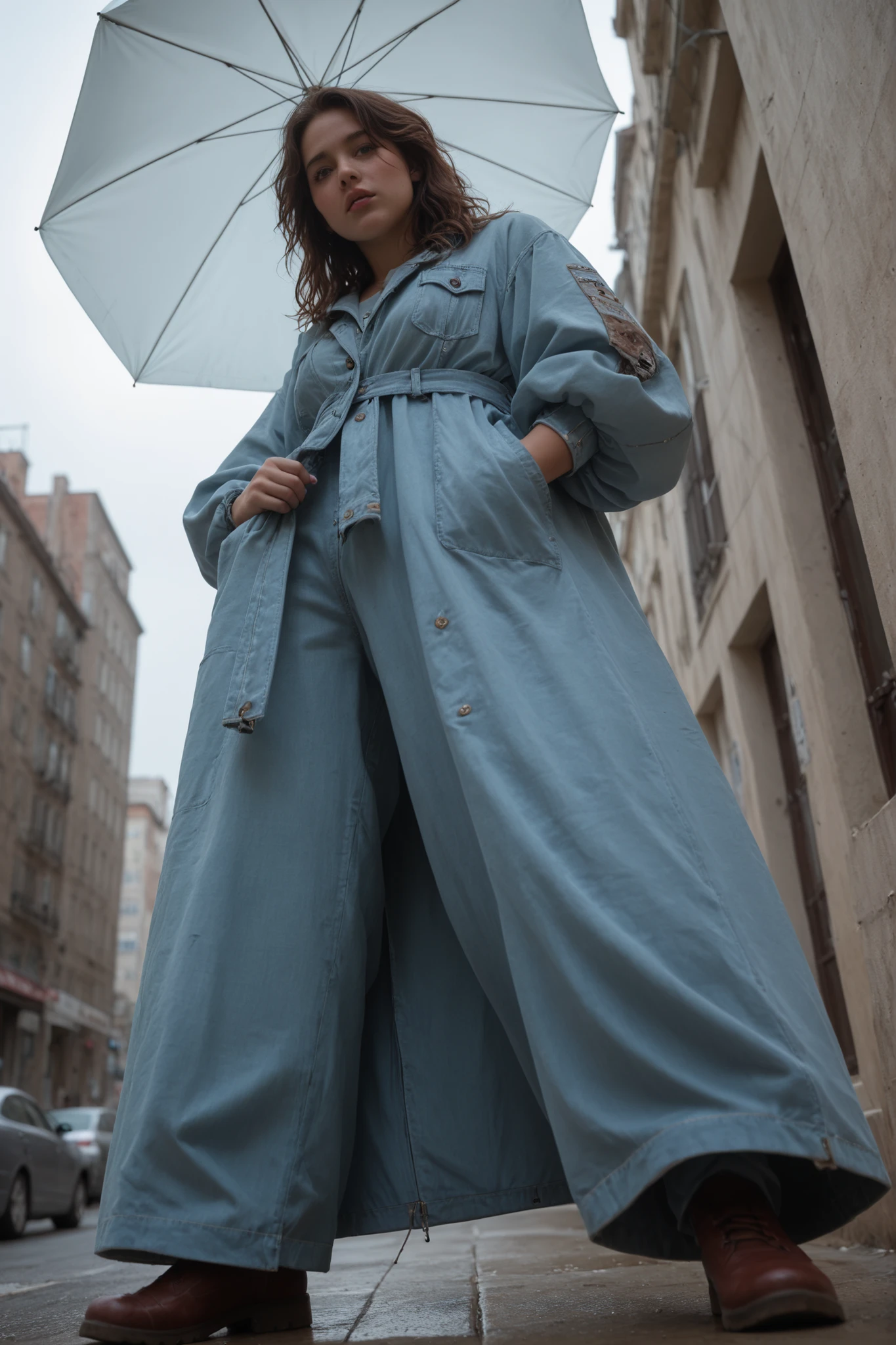 extreme close-up, peephole voyeur simulator, very low angle , intricate details, ultra realitsic, full shot, dynamic pose, 1girl, solo, misty \(photorealistic\), 1girl, solo, misty \(photorealistic\), surprised, (from below:2.0), dutch angle, standing, (looming over the viewer), (close-up groin shot), blushing face, embarrassed yet teasing expression, wet 1girl, solo, misty \(photorealistic\), (masterpiece:1.2), best quality, (ultra-detailed), detailed_skin, detailed_hair, detailed_face, high contrast, (very aesthetic:1.2), (masterpiece, Highest Quality, Super Detailed, high resolution, absurd), detailed background,
1 woman holding thunder, middle-aged homeless women, messy hair, unkempt hair, tired face, oversized rag coats, Worn Shoes, sitting on the ground, look down, lonely mood, clothes, Frayed Sleeves, patchwork coats, Muddy Pants , crinkled cloth, rough textures, Cardboard boxes nearby, city street corner
It's raining , it's descending to avoid her , She's holding an invisible umbrella ,