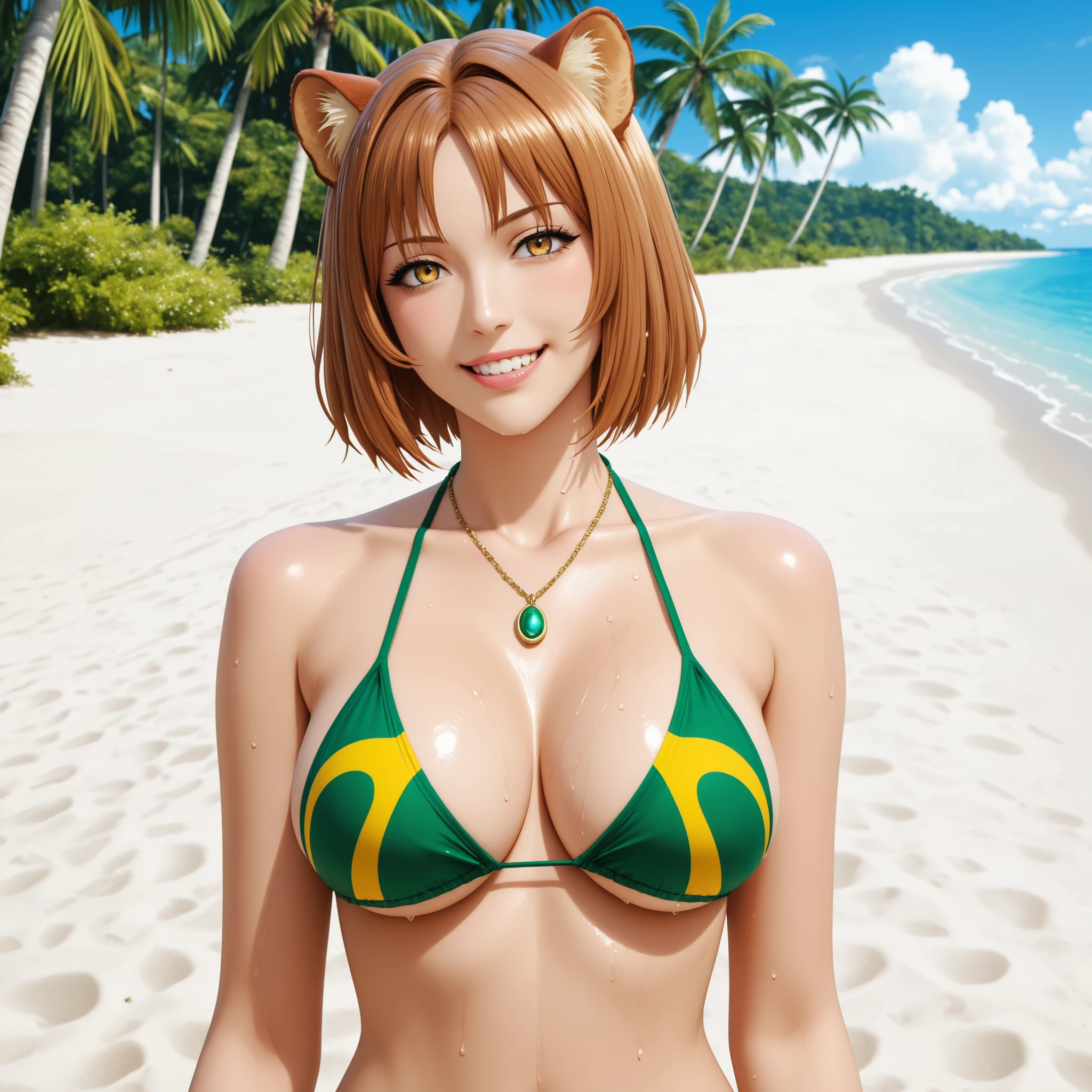 Raphalia, from The Rising of the Shield Hero, is an older, more villainous version of herself, with short hair, yellow eyes, an arrogant smile, and painted lips. She has a slender figure and large breasts. She wears a bikini with the green and yellow Brazilian flag printed on it, along with bracelets and a small necklace. She runs along a beautiful Brazilian tropical beach with white sand, blue skies, and palm trees. The anime art is very detailed. She smiles, showing her teeth. Her body and hair are wet. Full-body image. piel realista  húmeda.