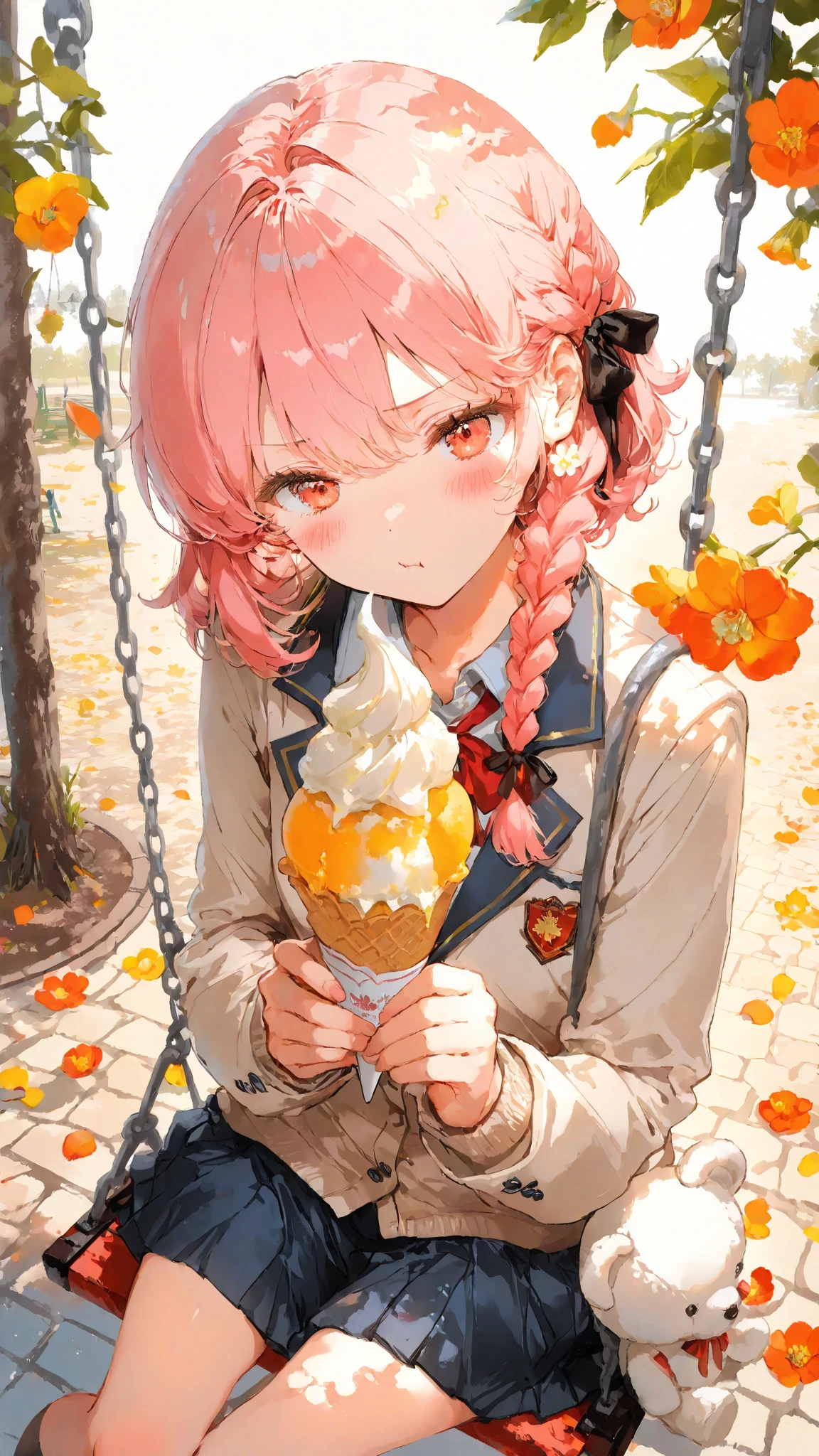 masterpiece, ((exquisitely illustrated)), masterfully rendered, intricately detailed,

Iroha, a cute girl with soft pink hair and a short braid on the right side near her ear, adorned with a black ribbon, with warm red eyes, sitting or reclining in a casual changing pose. she stretches her legs forward, wearing a slightly translucent outfit that subtly shows soft skin. a fluffy white teddy bear with a red ribbon rests nearby. her expression is playful or slightly surprised, in a cute, cozy room.

soft light gently illuminates her thighs and outfit with warm orange and yellow tones to enhance fabric texture, while the scene is colorful yet harmonious, prioritizing skin value. high-angle composition, soft ambient light, minimal haze, in Anmi style. /4K.s†