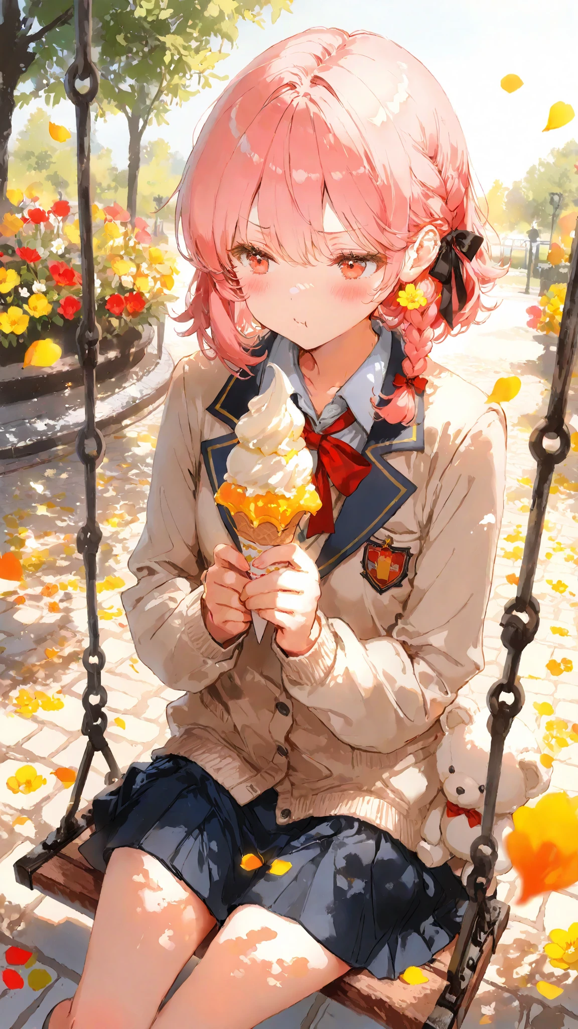 masterpiece, ((exquisitely illustrated)), masterfully rendered, intricately detailed,

Iroha, a cute girl with soft pink hair and a short braid on the right side near her ear, adorned with a black ribbon, with warm red eyes, sitting or reclining in a casual changing pose. she stretches her legs forward, wearing a slightly translucent outfit that subtly shows soft skin. a fluffy white teddy bear with a red ribbon rests nearby. her expression is playful or slightly surprised, in a cute, cozy room.

soft light gently illuminates her thighs and outfit with warm orange and yellow tones to enhance fabric texture, while the scene is colorful yet harmonious, prioritizing skin value. high-angle composition, soft ambient light, minimal haze, in Anmi style. /4K.s†