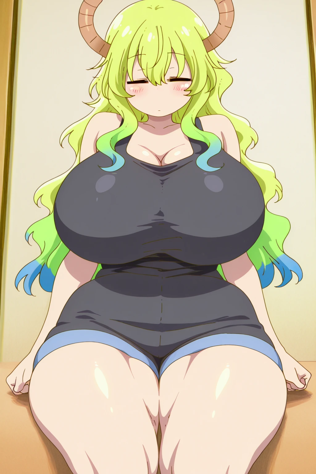 masterpiece, perfect lighting, (beautiful, best quality:1.3), perfect eyes, absurdres, 8k,
1girl, solo, (absurdres), finely detail, smile,
lucoa_quetzalcoatl, multicolored hair, closed eyes,
intricate,(full-body-shot:0.5), (dynamic angle:1.2), (dynamic pose:1.2),
dragon horns, dragon girl,  ?????????????, multicolored hair, blonde hair,
dress, (short dress:1.3), gold necklace, chubby