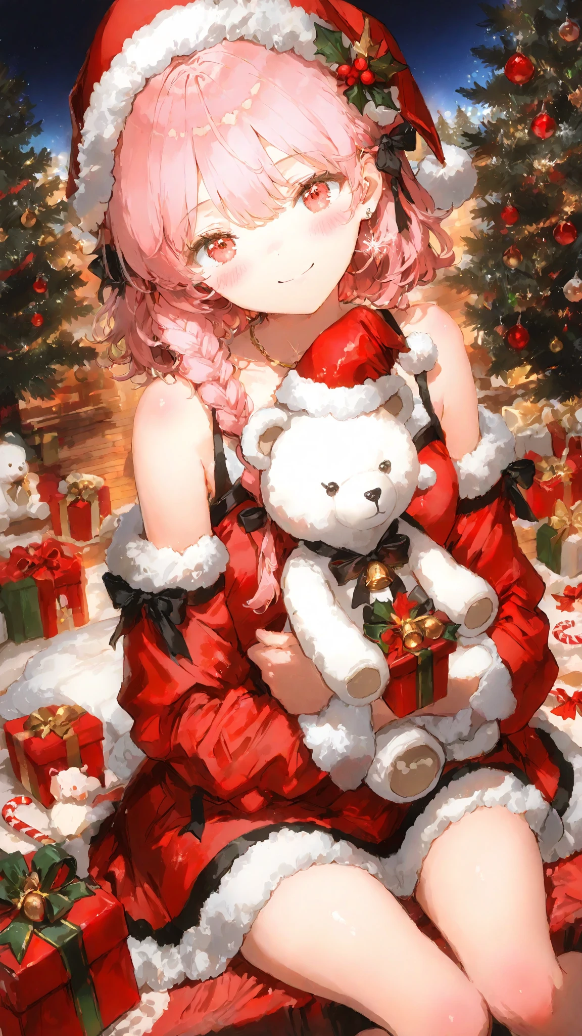 masterpiece, ((exquisitely illustrated)), masterfully rendered, intricately detailed,

Iroha, a cute girl with soft pink hair and a short braid on the right side near her ear, adorned with a black ribbon, with warm red eyes, sitting or reclining in a casual changing pose. she stretches her legs forward, wearing a slightly translucent outfit that subtly shows soft skin. a fluffy white teddy bear with a red ribbon rests nearby. her expression is playful or slightly surprised, in a cute, cozy room.

soft light gently illuminates her thighs and outfit with warm orange and yellow tones to enhance fabric texture, while the scene is colorful yet harmonious, prioritizing skin value. high-angle composition, soft ambient light, minimal haze, in Anmi style. /4K.s†