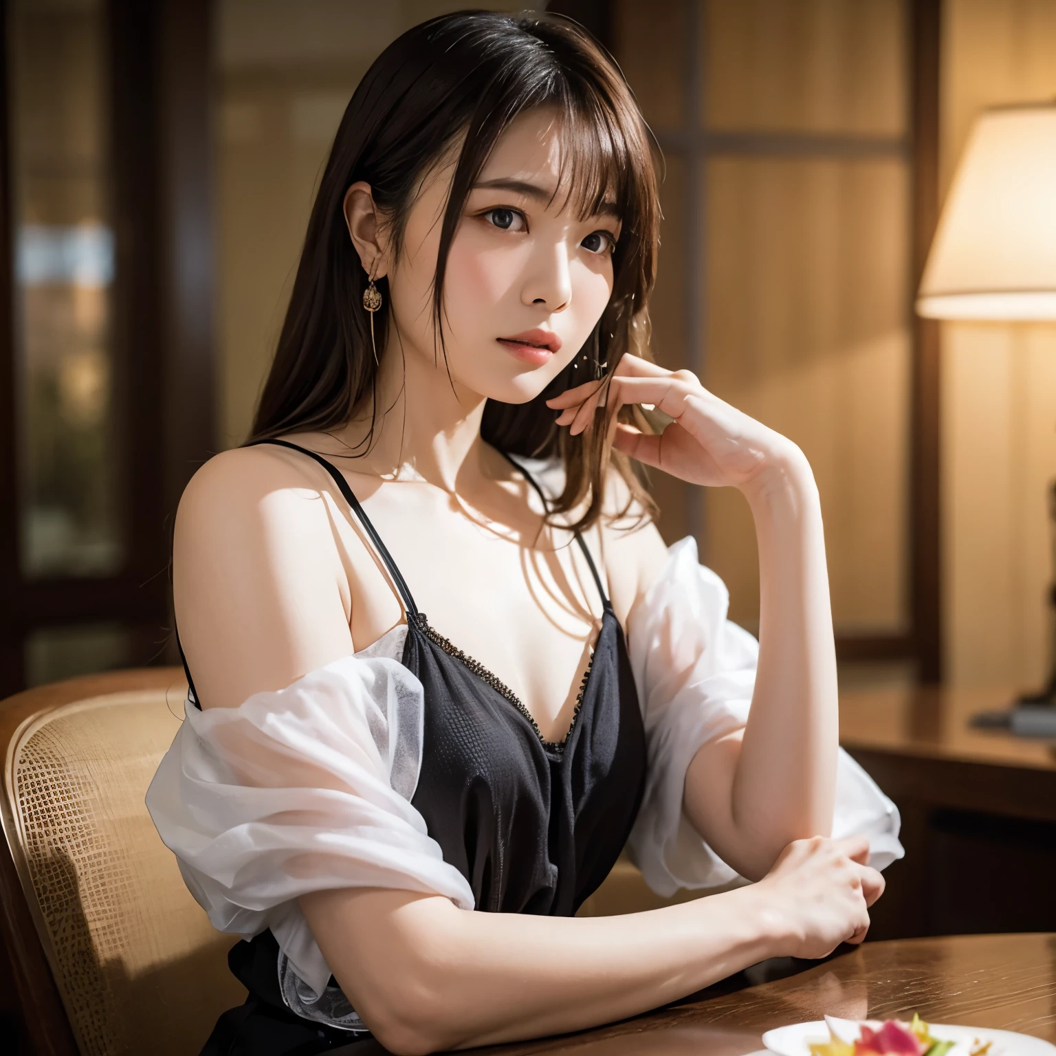 A cinematic portrait photograph of a serene 20-year-old Thai girl with long, flowing white hair cascading down her shoulders. She stands gracefully, wearing a delicate silk dress, and offers a soft smile, her deep black eyes reflecting a quiet confidence and inner peace. The background is a softly blurred, upscale restaurant with warm, ambient lighting and subtle reflections of crystal glassware and silverware.with goodlooking guy A single orchid rests elegantly on the table beside her, complementing her natural beauty and creating a sophisticated, tranquil atmosphere.Below, a sprawling cyberpunk cityscape blurs with neon red and orange lights reflecting off rain-slicked streets, Urban nightA Japanese woman of poetic, realistic beauty is depicted in a black camisole, surrounded by petals that glow like tiny lanterns. Her skin is a pale reddish hue of spring, dotted with fresh highlights like morning mist. The background transitions into a soft watercolor gradient of peach and ivory, evoking a modern Japanese fairy tale. The exquisite lighting, cinematic tone, and meticulous detailing are all combined.