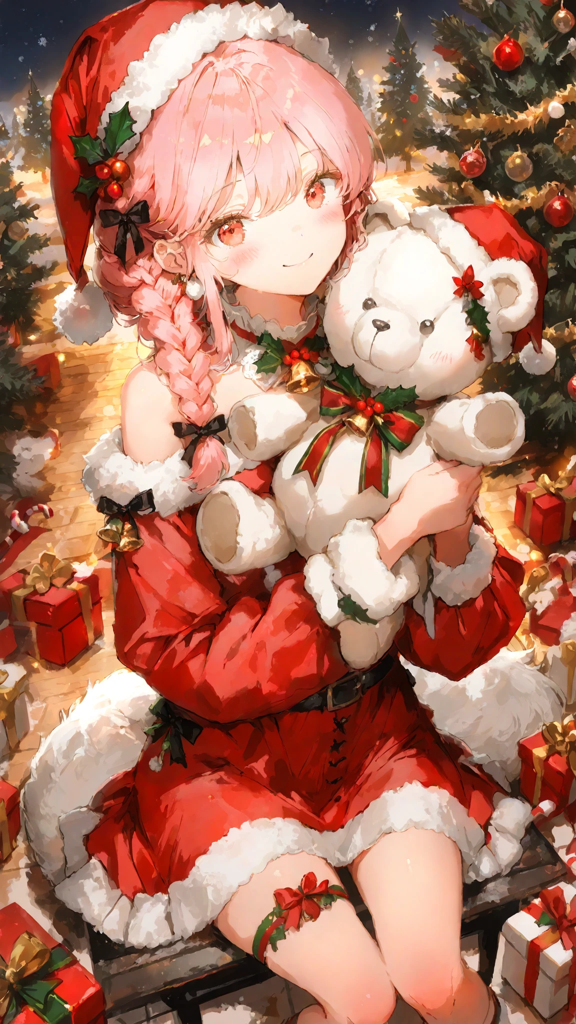 masterpiece, ((exquisitely illustrated)), masterfully rendered, intricately detailed,

Iroha, a cute girl with soft pink hair and a short braid on the right side near her ear, adorned with a black ribbon, with warm red eyes, sitting or reclining in a casual changing pose. she stretches her legs forward, wearing a slightly translucent outfit that subtly shows soft skin. a fluffy white teddy bear with a red ribbon rests nearby. her expression is playful or slightly surprised, in a cute, cozy room.

soft light gently illuminates her thighs and outfit with warm orange and yellow tones to enhance fabric texture, while the scene is colorful yet harmonious, prioritizing skin value. high-angle composition, soft ambient light, minimal haze, in Anmi style. /4K.s†