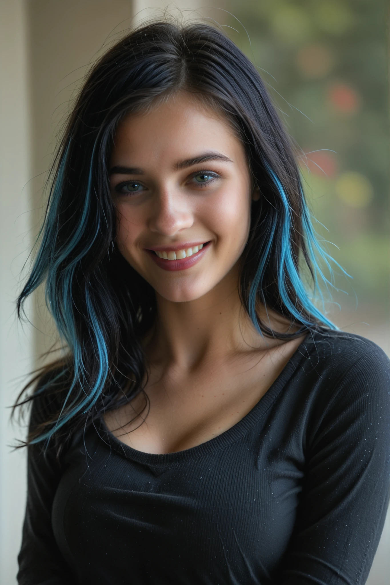 This young Japanese woman has a charming and modern look. Her black hair with blue highlights in the front draws attention, falling in soft, straight layers that frame her face, reminiscent of actress Jennifer Aniston's iconic cut. The blue highlights add a touch of personality, standing out in the front, creating a contrast with the black and reflecting a soft, elegant light. She has a harmonious physique, with subtle and proportional curves. Her silhouette is marked by a thin waist and slightly accentuated hips, giving her a balanced and graceful figure. Her breasts and butt are of average size and proportional, giving her an attractive look, but without exaggeration. On her face, she carries a beauty that resembles that of the singer and actress Demi Lovato, with a slightly rounded face shape, well-defined cheekbones and a sincere and striking smile. Her eyes are large and expressive, with a natural glow of curiosity and passion for exploring the world around her. Her eyebrows are well defined, adding a touch of intensity to her look. Her style is casual, but with an artistic touch. She usually wears a black sweater, which is slightly loose, with sleeves that she pulls up above her elbows in a relaxed manner. The sweater has some subtle details, such as small intentional wear on the edges, which makes it even more unique and reflects her taste for an unpretentious look. She always carries a practical bag where she keeps a camera and a sketchbook, essential items that demonstrate her love for recording moments and capturing details in her art. The camera is a compact model, but with high-quality lenses, and the sketchbook has signs of constant use, with worn corners and some pages already slightly crumpled. 8k high definition