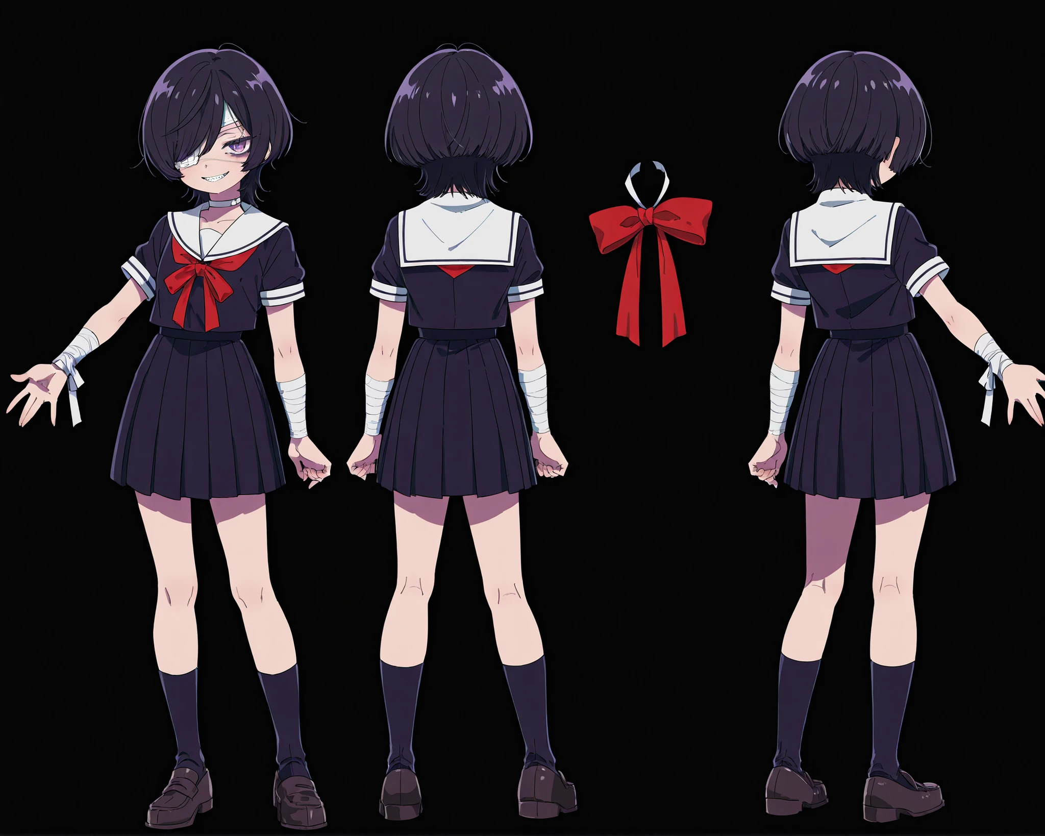 single girl。hair over left eye、dark haired、The hairstyle is unkempt 、wolf cut hair、purple eyes、white gauze eyepatch、Slender-eyed、long eyelashes and lower lashes、under the eyes、smiling with their mouths open、Jagged teeth、best quality、short black socks 、loafers、sailor uniform based on black、There is a red ribbon on the sailor suit、white collar sailor suit on black background and black pleated skirt、Short sleeve、bandages wrapped round and round from arm to wrist、best quality全身の立ち絵、Character turnaround sheet, front / side / back view, full body reference, anime style