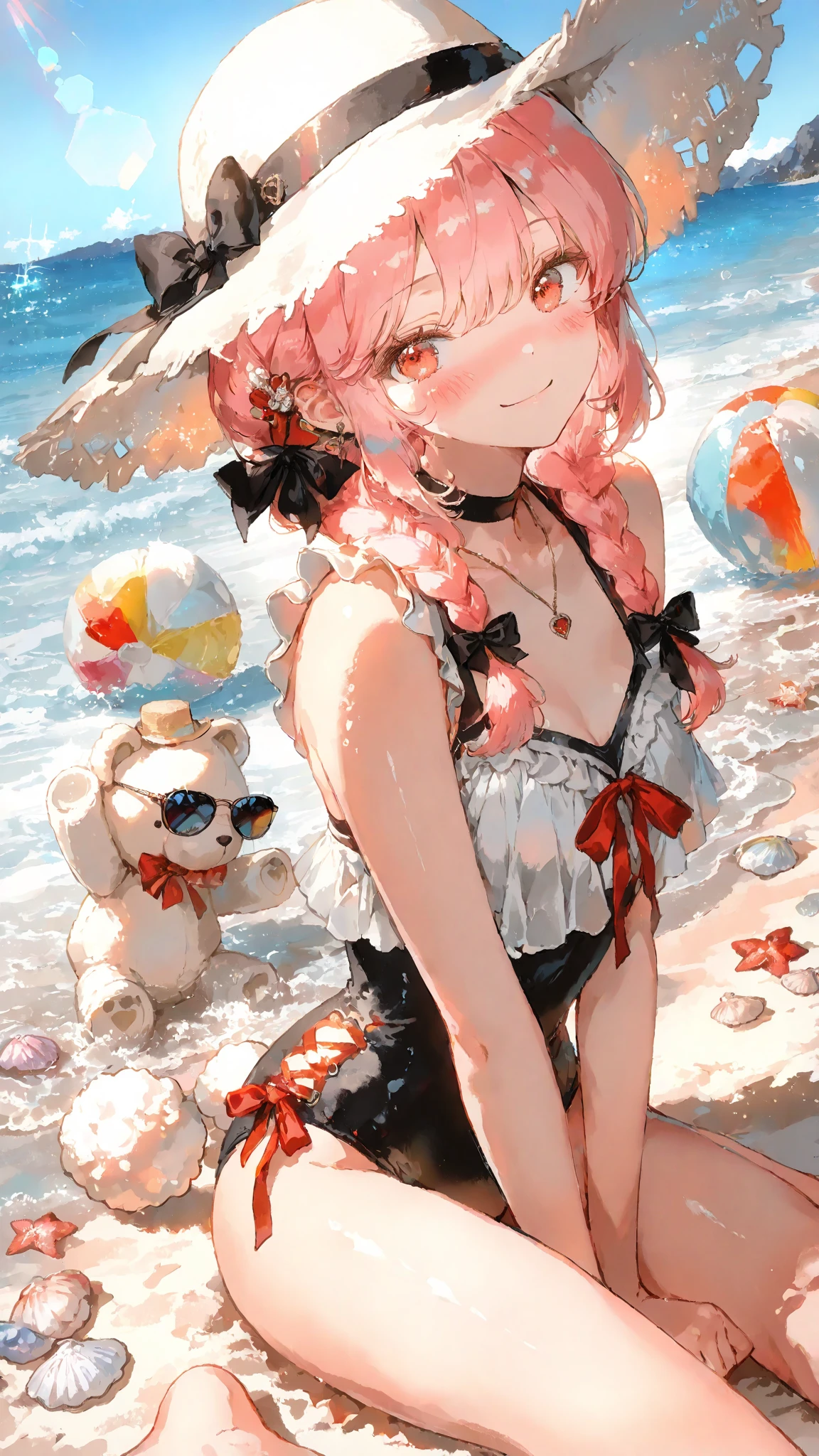 masterpiece, ((exquisitely illustrated)), masterfully rendered, intricately detailed,

Iroha, a cute girl with soft pink hair and a short braid on the right side near her ear, adorned with a black ribbon, with warm red eyes, sitting or reclining in a casual changing pose. she stretches her legs forward, wearing a slightly translucent outfit that subtly shows soft skin. a fluffy white teddy bear with a red ribbon rests nearby. her expression is playful or slightly surprised, in a cute, cozy room.

soft light gently illuminates her thighs and outfit with warm orange and yellow tones to enhance fabric texture, while the scene is colorful yet harmonious, prioritizing skin value. high-angle composition, soft ambient light, minimal haze, in Anmi style. /4K.s†