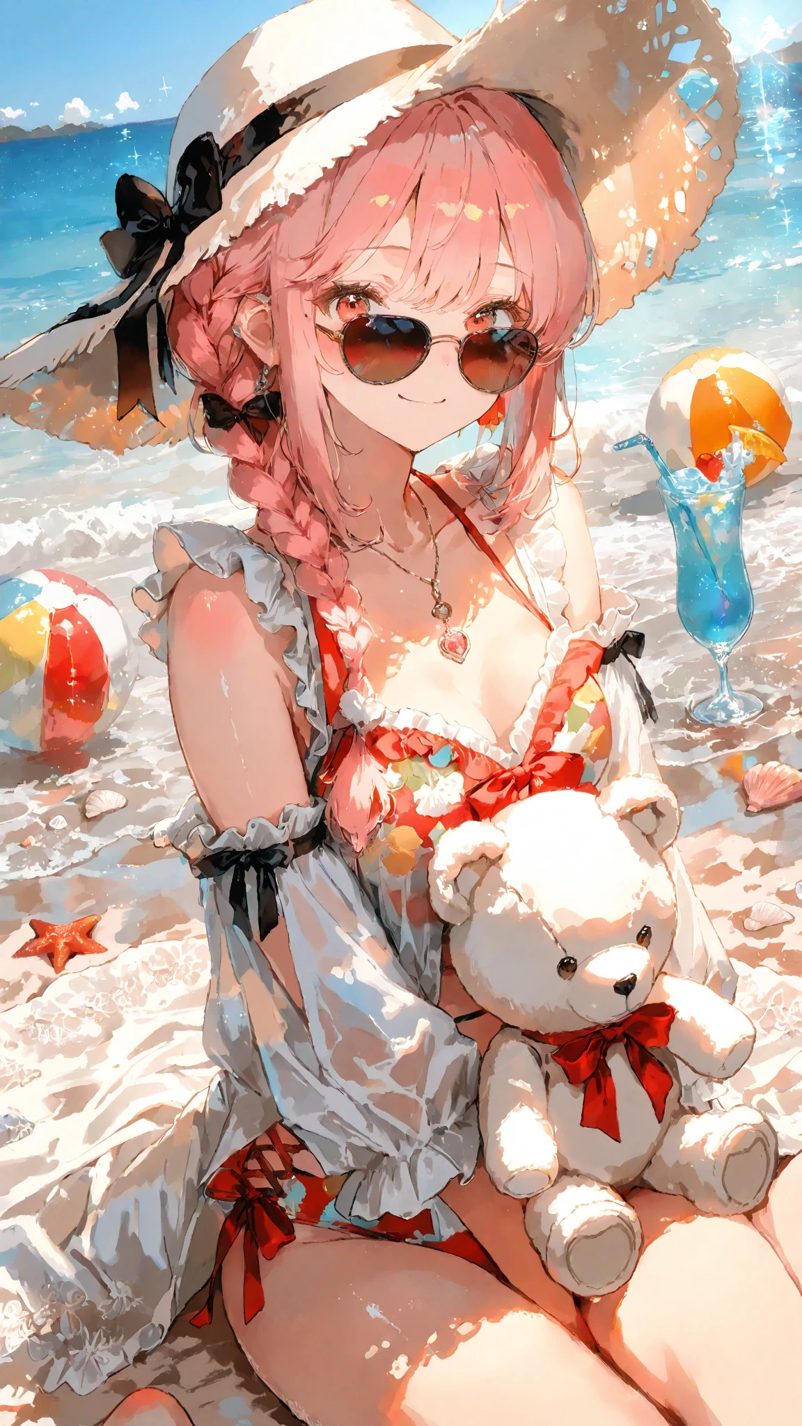 masterpiece, ((exquisitely illustrated)), masterfully rendered, intricately detailed,

Iroha, a cute girl with soft pink hair and a short braid on the right side near her ear, adorned with a black ribbon, with warm red eyes, sitting or reclining in a casual changing pose. she stretches her legs forward, wearing a slightly translucent outfit that subtly shows soft skin. a fluffy white teddy bear with a red ribbon rests nearby. her expression is playful or slightly surprised, in a cute, cozy room.

soft light gently illuminates her thighs and outfit with warm orange and yellow tones to enhance fabric texture, while the scene is colorful yet harmonious, prioritizing skin value. high-angle composition, soft ambient light, minimal haze, in Anmi style. /4K.s†