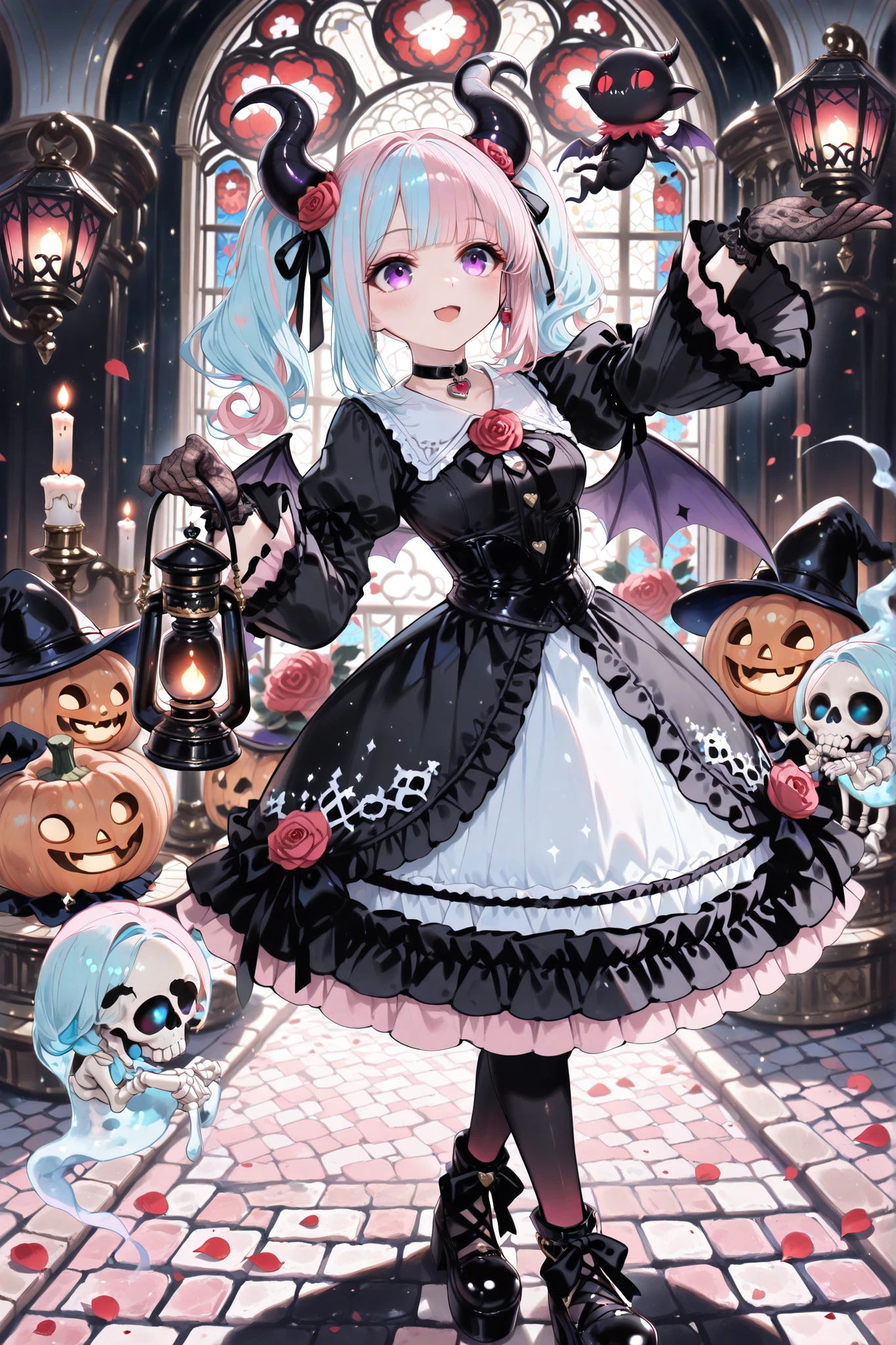 (masterpiece:1.2, best quality:1.1, ultra-detailed, 8k, (gothic lolita style), cinematic soft lighting, painterly detail),
1girl, ((purple eye)), ((two-tone hair, pink hair, light blue hair)), twin tails, (black horn decorated with ribbons), (heart charm choker),
black and crimson frilled dress with lace gloves, rose hair ornament, small bat wings, gothic parasol, holding lantern with candle light,
marching in gothic city street at night, stained glass windows, glowing lamps, cobblestone path, fluttering ribbons, falling rose petals, black balloons,
tiny imp companions tossing petals, mischievous goblins carrying banners, playful shadow imps dancing, floating ghost with candles, skeleton musicians with violins and drums, pumpkin-headed jester,
spectators watching from balconies, magical sparkle particles, soft backlight, warm red glow, cool moonlight rim,
delicate shadows, lively gothic parade atmosphere