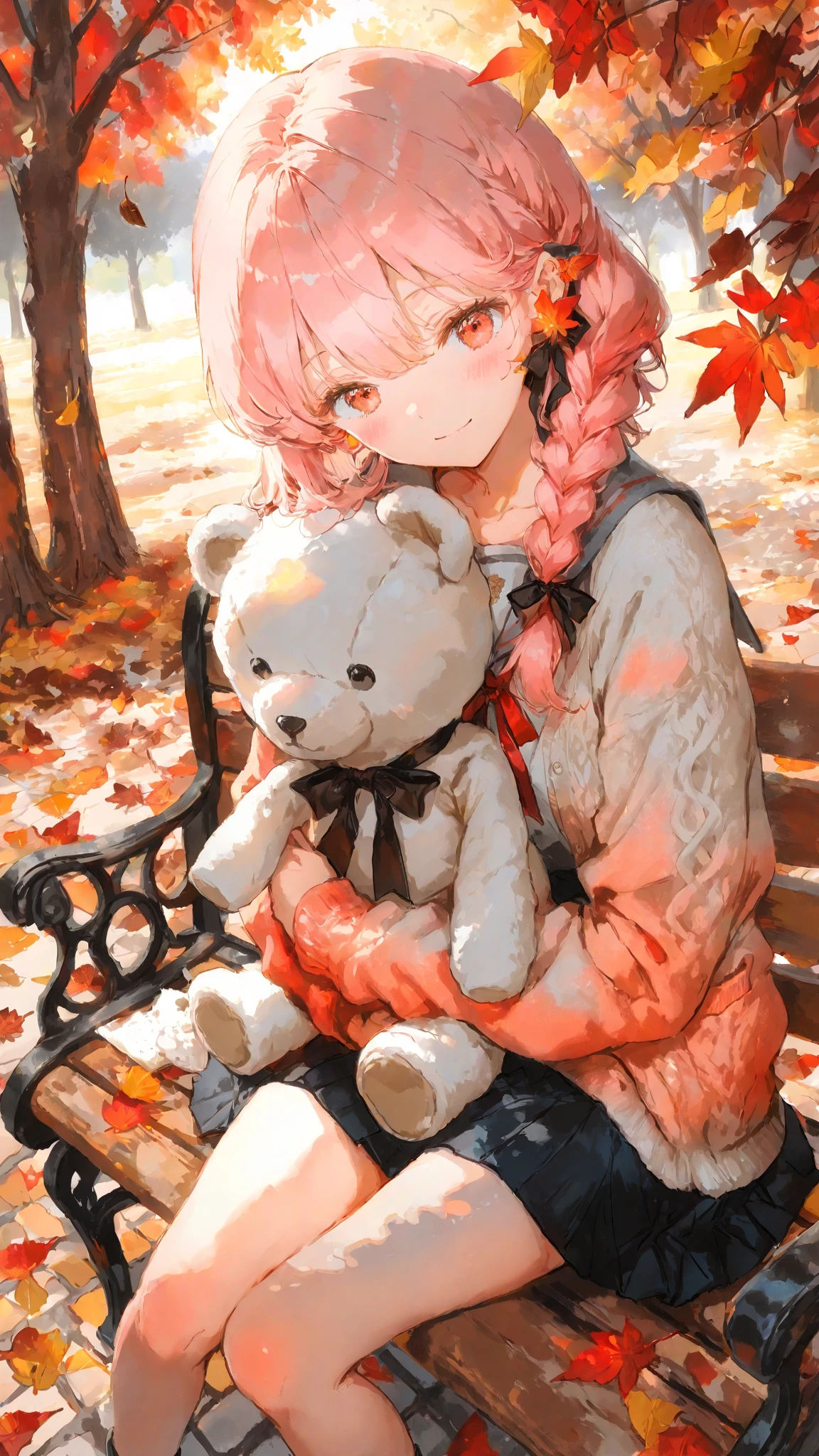 masterpiece, ((exquisitely illustrated)), masterfully rendered, intricately detailed,

Iroha, a cute girl with soft pink hair and a short braid on the right side near her ear, adorned with a black ribbon, with warm red eyes, sitting or reclining in a casual changing pose. she stretches her legs forward, wearing a slightly translucent outfit that subtly shows soft skin. a fluffy white teddy bear with a red ribbon rests nearby. her expression is playful or slightly surprised, in a cute, cozy room.

soft light gently illuminates her thighs and outfit with warm orange and yellow tones to enhance fabric texture, while the scene is colorful yet harmonious, prioritizing skin value. high-angle composition, soft ambient light, minimal haze, in Anmi style. /4K.s†