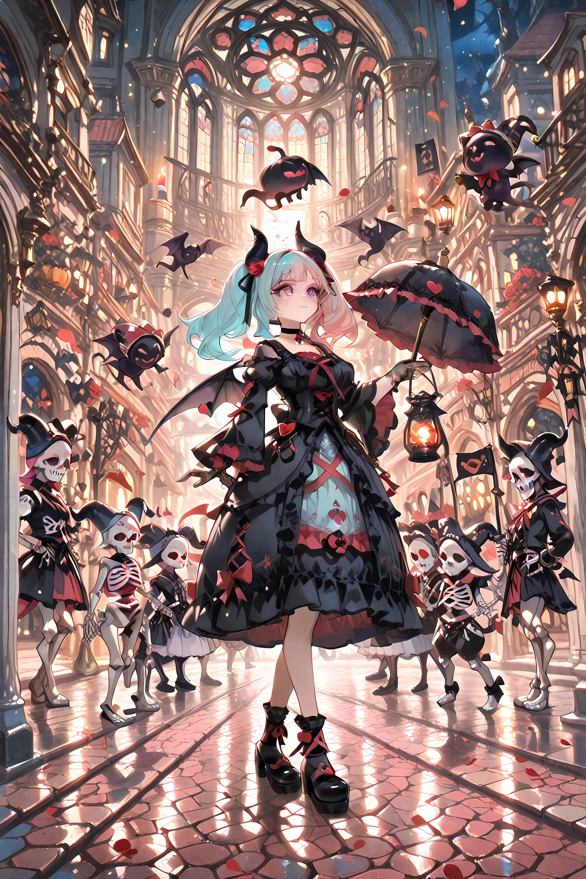 (masterpiece:1.2, best quality:1.1, ultra-detailed, 8k, (gothic lolita style), cinematic soft lighting, painterly detail),
1girl, ((purple eye)), ((two-tone hair, pink hair, light blue hair)), twin tails, (black horn decorated with ribbons), (heart charm choker),
black and crimson frilled dress with lace gloves, rose hair ornament, small bat wings, gothic parasol, holding lantern with candle light,
marching in gothic city street at night, stained glass windows, glowing lamps, cobblestone path, fluttering ribbons, falling rose petals, black balloons,
tiny imp companions tossing petals, mischievous goblins carrying banners, playful shadow imps dancing, floating ghost with candles, skeleton musicians with violins and drums, pumpkin-headed jester,
spectators watching from balconies, magical sparkle particles, soft backlight, warm red glow, cool moonlight rim,
delicate shadows, lively gothic parade atmosphere