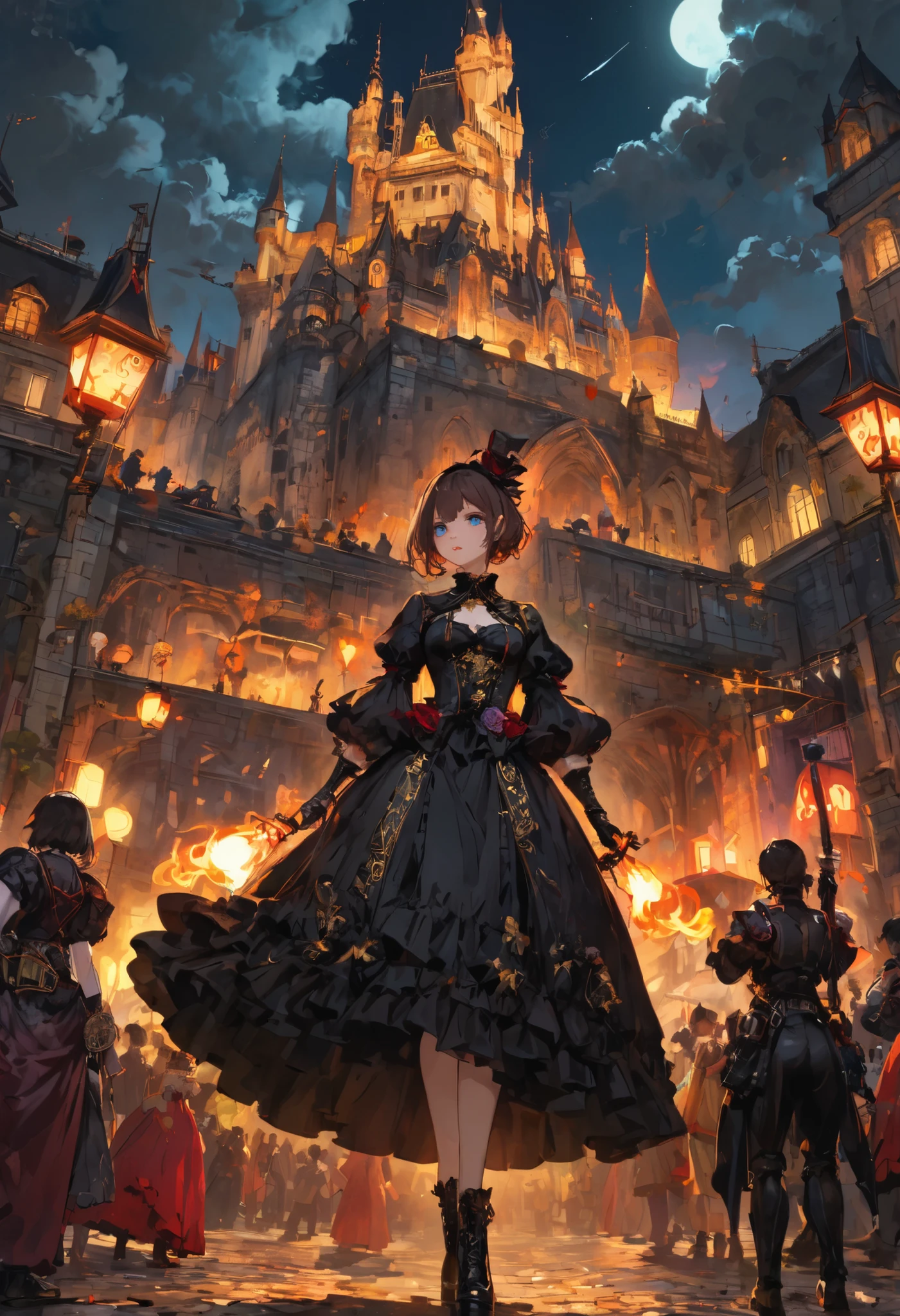 ((people々The parade of))、brown hair,shortcuts,unkempt hair,Short braided hair,Neat,スレンダー美people,correct attitude,small breasted,beautiful legs,The enchanting gray-blue eyes are shining like stars,Saggy Eyes,bright color,beautiful eyes,A delicate smile,cowboy shot、meteor、空から降り注ぐmeteor、無数のmeteor群、White Moon、(gothic parade)、classic cars、gothic girl、((背後に黒いpeople々The march of))、((people々silhouette with 2 heads))、Tokyo Cinderella Castle, people々Passes by,heavy and glamorous atmosphere、gorgeous float、A horse-drawn carriage drawn by a jet black horse、masquerade costumes、Elegant decoration、frills、race、gold embroidery、crimson and purple velvet、fiery torches、Night City、Cobblestone、majestic architecture、Contrast of Shadow and Light、Mysterious、fantastic、dramatic、High Fine、meteor、空から降り注ぐmeteor、無数のmeteor群、Textured Skin,best quality,gentle and beautiful woman,anime style、high quality lighting、add a bit of cyberpunk vibe、emphasis on detail、8K、masterpiece、Art Station、cinematic、volumetric lighting、cinematic vibe、Decadent Beauty、deep composition、