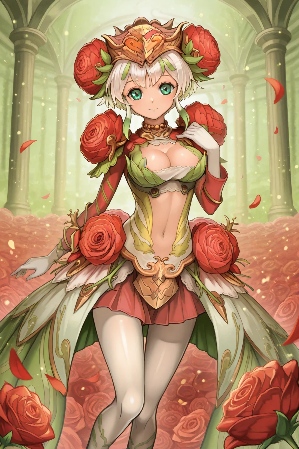 blonde hair, breasts, long hair, large breasts, green eyes, lipstick, navel, makeup, colored skin, thighhighs, cleavage, petals, elbow gloves, navel cutout, red gloves, , thorns, cape, gloves, vines, ,, 