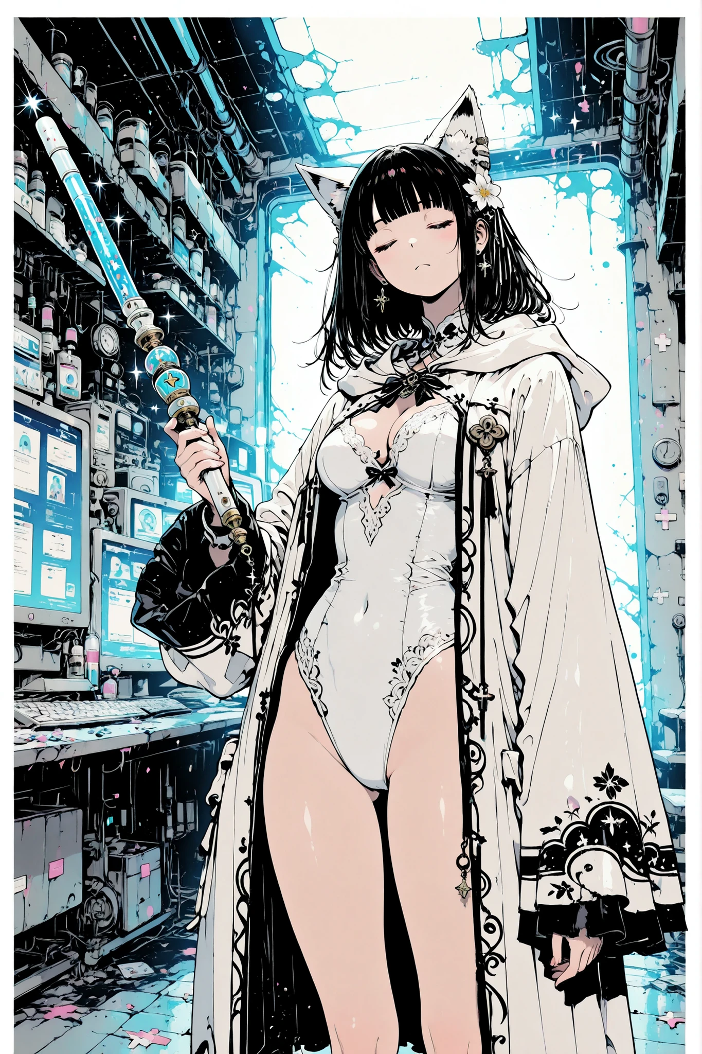 Laboratory destroyed by war, The alchemist girl who broke in through a secret entrance is checking the status of the facility, sealed equipment is dusty but there is no problem with use, drugs have not deteriorated, and there is no problem with the girl sleeping in the transparent capsule, keeping the operating level to a minimum so as not to be discovered by the enemy, The girl inside the capsule wakes up, white leotard、Decorated Robe、Alchemist Outfit、magic wand、Photorealistic Expressions、Professional Lighting Effects、(masterpiece: 1.3), highest quality, highest level, intricate details, 8k, high resolution, Close up of a girl,