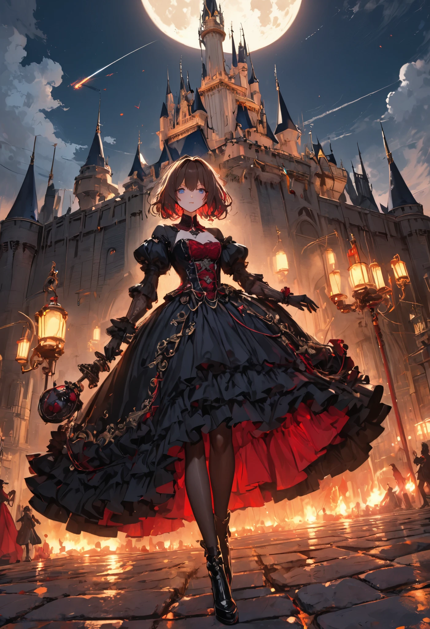 ((people々The parade of))、bright color,beautiful eyes,A delicate smile,Textured Skin,masterpiece,Kilo,best quality,gentle and beautiful woman,brown hair,shortcuts,unkempt hair,Short braided hair,Neat,スレンダー美people,correct attitude,small breasted,beautiful legs,The enchanting gray-blue eyes are shining like stars,Saggy Eyes,bright color,beautiful eyes,A delicate smile,cowboy shot、meteor、空から降り注ぐmeteor、無数のmeteor群、White Moon、(gothic parade)、classic cars、gothic girl、((背後に黒いpeople々The march of))、((people々silhouette with 2 heads))、Tokyo Cinderella Castle, people々Passes by,heavy and glamorous atmosphere、gorgeous float、A horse-drawn carriage drawn by a jet black horse、masquerade costumes、Elegant decoration、frills、race、gold embroidery、crimson and purple velvet、fiery torches、Night City、Cobblestone、majestic architecture、Contrast of Shadow and Light、Mysterious、fantastic、dramatic、High Fine、meteor、空から降り注ぐmeteor、無数のmeteor群、Textured Skin,best quality,gentle and beautiful woman,anime style、high quality lighting、add a bit of cyberpunk vibe、emphasis on detail、8K、masterpiece、Art Station、cinematic、volumetric lighting、cinematic vibe、Decadent Beauty、deep composition、