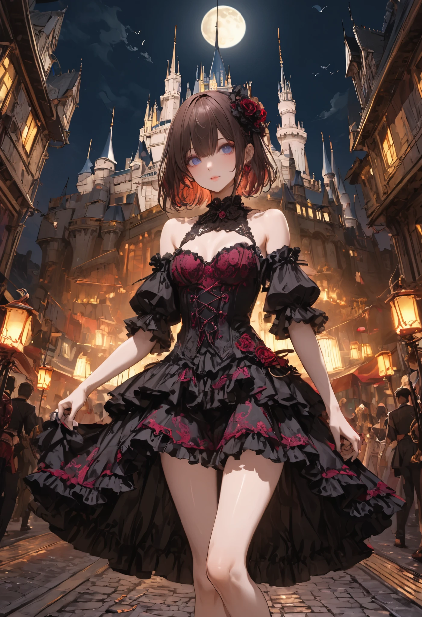 ((people々The parade of))、bright color,beautiful eyes,A delicate smile,Textured Skin,masterpiece,Kilo,best quality,gentle and beautiful woman,brown hair,shortcuts,unkempt hair,Short braided hair,Neat,スレンダー美people,correct attitude,small breasted,beautiful legs,The enchanting gray-blue eyes are shining like stars,Saggy Eyes,bright color,beautiful eyes,A delicate smile,cowboy shot、meteor、空から降り注ぐmeteor、無数のmeteor群、White Moon、(gothic parade)、classic cars、gothic girl、((背後に黒いpeople々The march of))、((people々silhouette with 2 heads))、Tokyo Cinderella Castle, people々Passes by,heavy and glamorous atmosphere、gorgeous float、A horse-drawn carriage drawn by a jet black horse、masquerade costumes、Elegant decoration、frills、race、gold embroidery、crimson and purple velvet、fiery torches、Night City、Cobblestone、majestic architecture、Contrast of Shadow and Light、Mysterious、fantastic、dramatic、High Fine、meteor、空から降り注ぐmeteor、無数のmeteor群、Textured Skin,best quality,gentle and beautiful woman,anime style、high quality lighting、add a bit of cyberpunk vibe、emphasis on detail、8K、masterpiece、Art Station、cinematic、volumetric lighting、cinematic vibe、Decadent Beauty、deep composition、