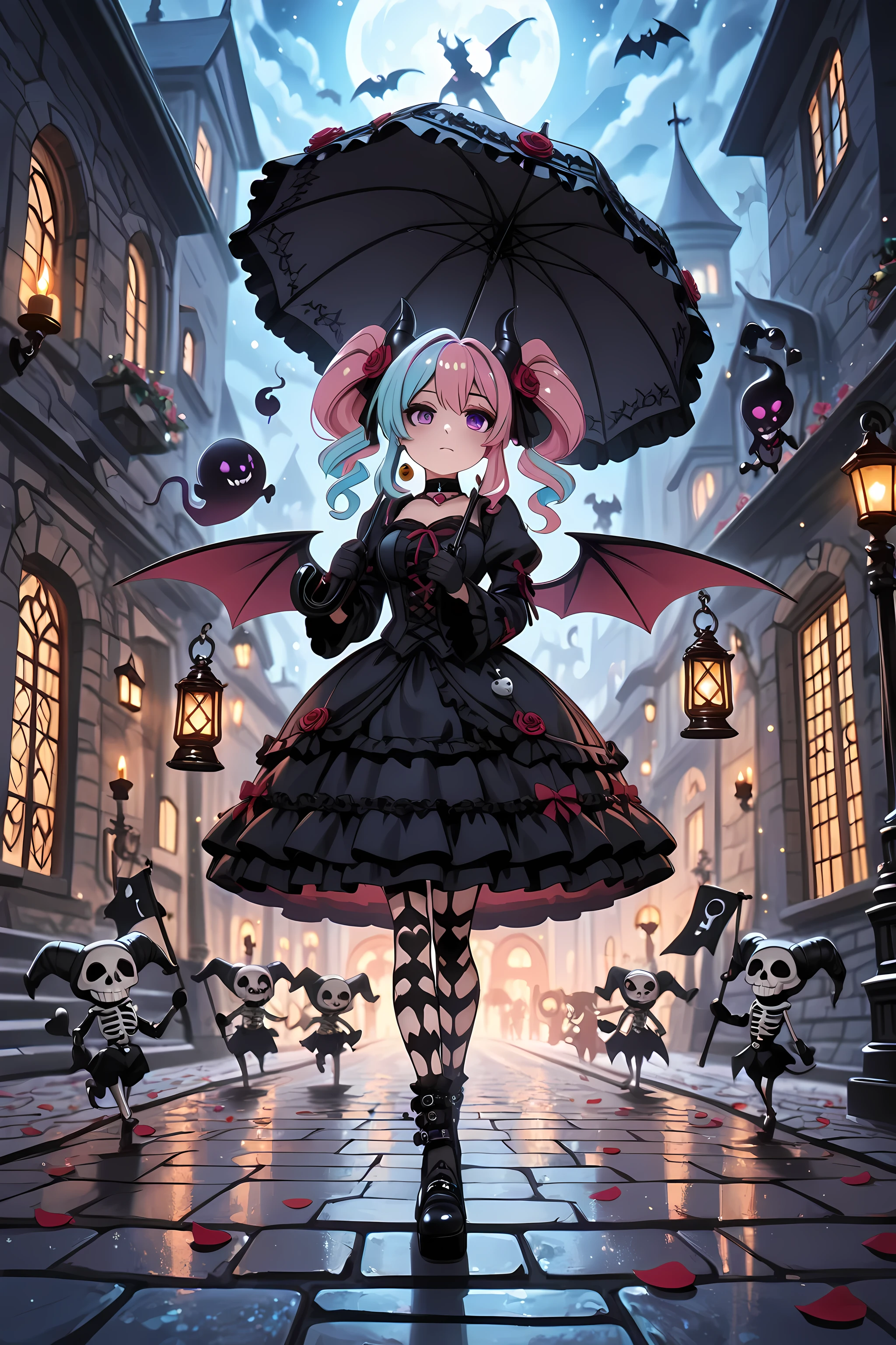 Dark Beauty, (masterpiece:1.2, best quality:1.1, ultra-detailed, 8k, (gothic lolita style), cinematic soft lighting, painterly detail),
1girl, ((purple eye)), ((two-tone hair, pink hair, light blue hair)), twin tails, (black horn decorated with ribbons), (heart charm choker),
black and crimson frilled dress with lace gloves, rose hair ornament, small bat wings, gothic parasol, holding lantern with candle light,
marching in gothic city street at night, stained glass windows, glowing lamps, cobblestone path, fluttering ribbons, falling rose petals, black balloons,
tiny imp companions tossing petals, mischievous goblins carrying banners, playful shadow imps dancing, floating ghost with candles, skeleton musicians with violins and drums, pumpkin-headed jester,
spectators watching from balconies, magical sparkle particles, soft backlight, warm red glow, cool moonlight rim,
delicate shadows, lively gothic parade atmosphere