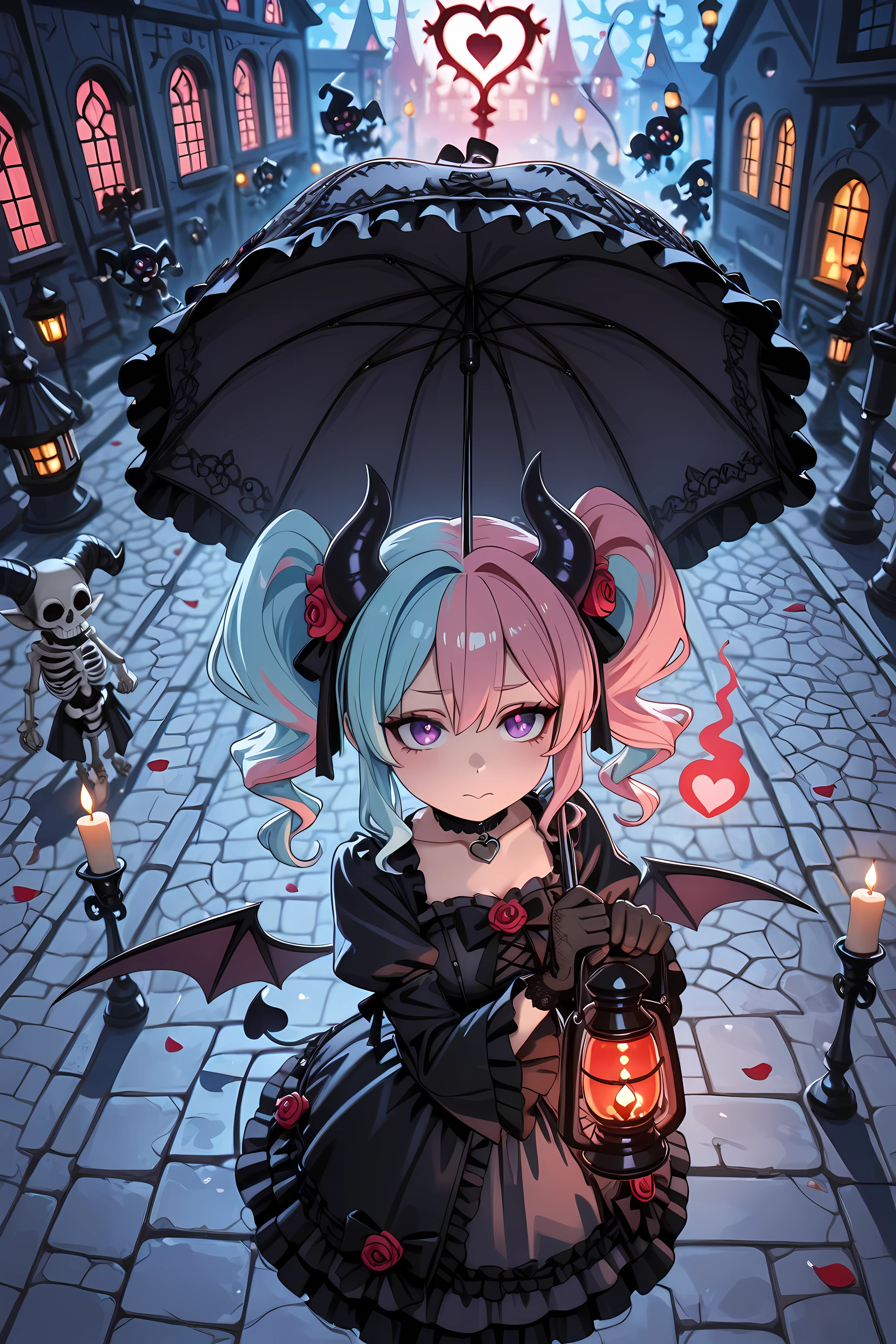Dark Beauty, (masterpiece:1.2, best quality:1.1, ultra-detailed, 8k, (gothic lolita style), cinematic soft lighting, painterly detail),
from above, cowboy shot, perspective,
1girl, ((purple eye)), ((two-tone hair, pink hair, light blue hair)), twin tails, (black horn decorated with ribbons), (heart charm choker),
black and crimson frilled dress with lace gloves, rose hair ornament, small bat wings, gothic parasol, holding lantern with candle light,
marching in gothic city street at night, stained glass windows, glowing lamps, cobblestone path, fluttering ribbons, falling rose petals, black balloons,
tiny imp companions tossing petals, mischievous goblins carrying banners, playful shadow imps dancing, floating ghost with candles, skeleton musicians with violins and drums, pumpkin-headed jester,
spectators watching from balconies, magical sparkle particles, soft backlight, warm red glow, cool moonlight rim,
delicate shadows, lively gothic parade atmosphere