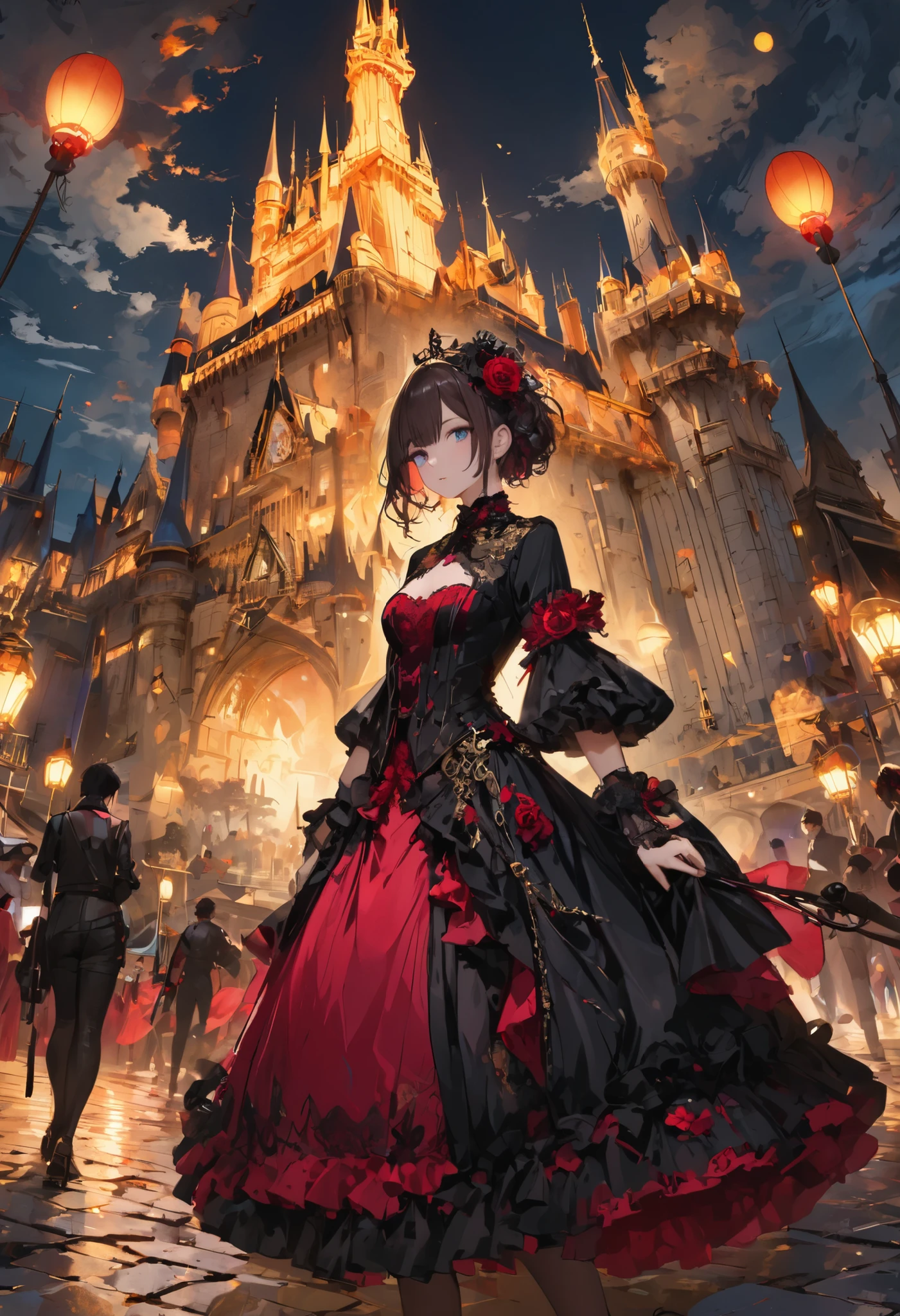 ((people々The parade of))、bright color,beautiful eyes,A delicate smile,Textured Skin,masterpiece,Kilo,best quality,gentle and beautiful woman,brown hair,shortcuts,unkempt hair,Short braided hair,Neat,スレンダー美people,correct attitude,small breasted,beautiful legs,The enchanting gray-blue eyes are shining like stars,Saggy Eyes,bright color,beautiful eyes,A delicate smile,cowboy shot、meteor、空から降り注ぐmeteor、無数のmeteor群、White Moon、(gothic parade)、classic cars、gothic girl、((背後に黒いpeople々The march of))、((people々silhouette with 2 heads))、Tokyo Cinderella Castle, people々Passes by,heavy and glamorous atmosphere、gorgeous float、A horse-drawn carriage drawn by a jet black horse、masquerade costumes、Elegant decoration、frills、race、gold embroidery、crimson and purple velvet、fiery torches、Night City、Cobblestone、majestic architecture、Contrast of Shadow and Light、Mysterious、fantastic、dramatic、High Fine、meteor、空から降り注ぐmeteor、無数のmeteor群、Textured Skin,best quality,gentle and beautiful woman,anime style、high quality lighting、add a bit of cyberpunk vibe、emphasis on detail、8K、masterpiece、Art Station、cinematic、volumetric lighting、cinematic vibe、Decadent Beauty、deep composition、