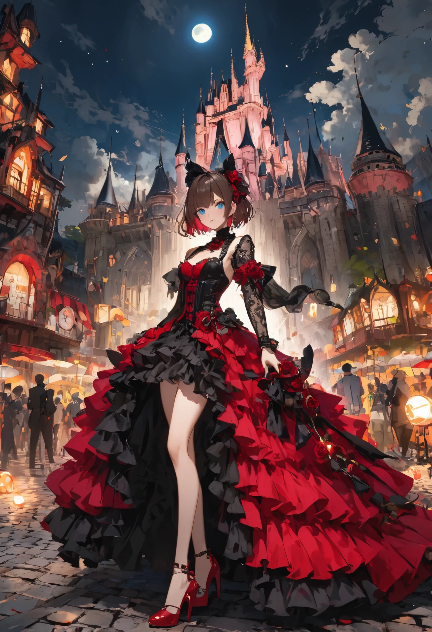 ((people々The parade of))、bright color,beautiful eyes,A delicate smile,Textured Skin,masterpiece,Kilo,best quality,gentle and beautiful woman,brown hair,shortcuts,unkempt hair,Short braided hair,Neat,スレンダー美people,correct attitude,small breasted,beautiful legs,The enchanting gray-blue eyes are shining like stars,Saggy Eyes,bright color,beautiful eyes,A delicate smile,cowboy shot、meteor、空から降り注ぐmeteor、無数のmeteor群、White Moon、(gothic parade)、classic cars、gothic girl、((背後に黒いpeople々The march of))、((people々silhouette with 2 heads))、Tokyo Cinderella Castle, people々Passes by,heavy and glamorous atmosphere、gorgeous float、A horse-drawn carriage drawn by a jet black horse、masquerade costumes、Elegant decoration、frills、race、gold embroidery、crimson and purple velvet、fiery torches、Night City、Cobblestone、majestic architecture、Contrast of Shadow and Light、Mysterious、fantastic、dramatic、High Fine、meteor、空から降り注ぐmeteor、無数のmeteor群、Textured Skin,best quality,gentle and beautiful woman,anime style、high quality lighting、add a bit of cyberpunk vibe、emphasis on detail、8K、masterpiece、Art Station、cinematic、volumetric lighting、cinematic vibe、Decadent Beauty、deep composition、