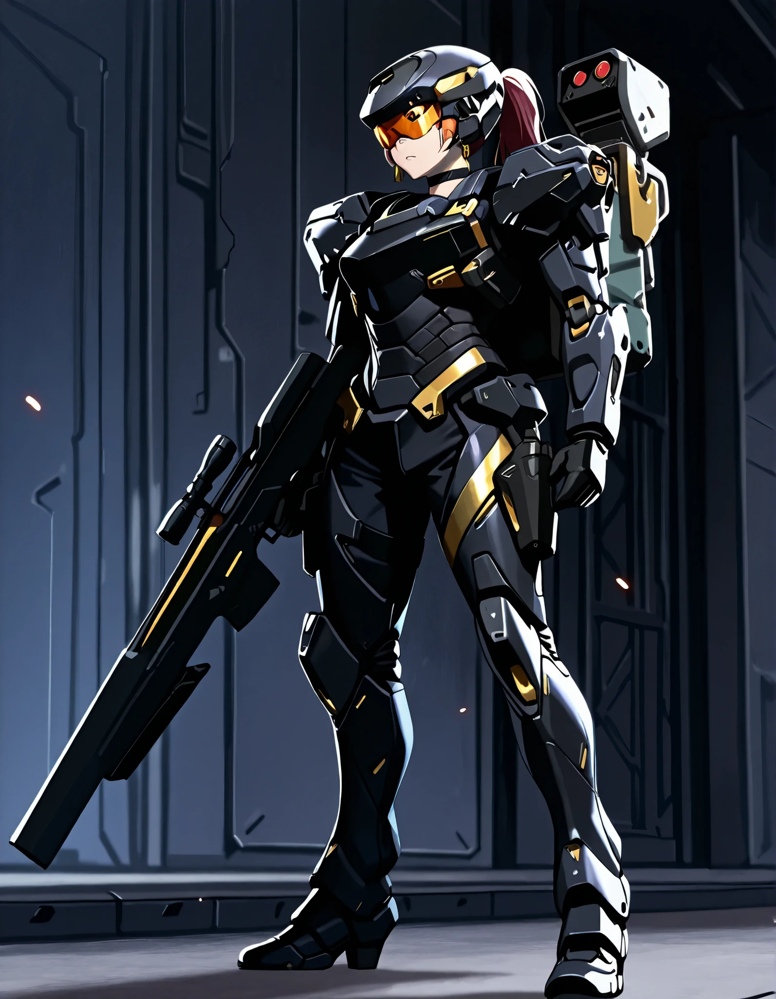 score_9, score_8_up, score_7_up,anime_screenshot,OFFICIAL ART,anime coloring, official anime artwork, screencap, anime screencap,uncensored,Newest,BREAK,1girl,solo,nikkedollasuit,ponytail,commander style,BREAK,(Sniper Rifle),full face helmet,sniper glasses,(black armor with gold line:1.5),black sci-fi bodysuit,black gloves,golden jewelries on collar,golden earrings, black holster on thigh,black choker,backpack,BREAK,Nikkepose,standing,BREAK,full body,from front,sci-fi,battle field