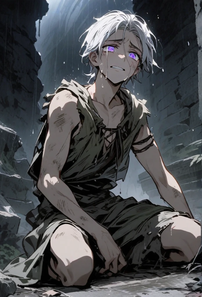 small Greek boy with white hair, with violet eyes, wearing dirty and slightly torn country clothes, chained by his hands to a wooden post, looking at the sky on a rainy night with storms and lightning