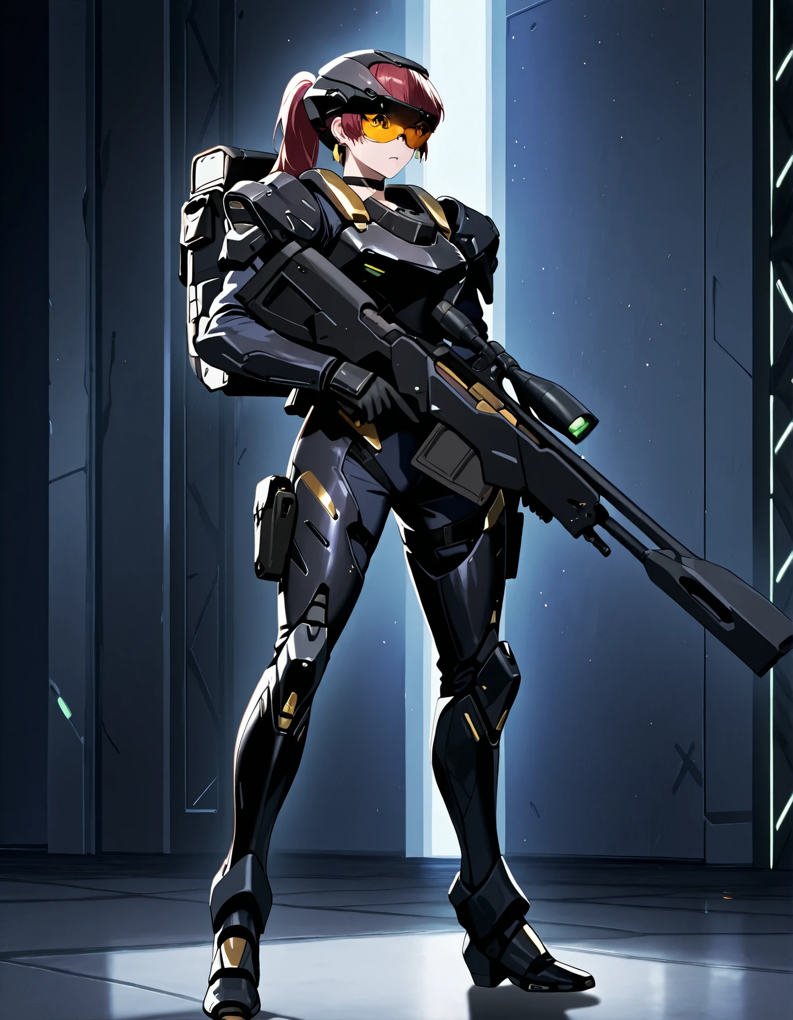 score_9, score_8_up, score_7_up,anime_screenshot,OFFICIAL ART,anime coloring, official anime artwork, screencap, anime screencap,uncensored,Newest,BREAK,1girl,solo,nikkedollasuit,ponytail,commander style,BREAK,(Sniper Rifle),full face helmet,sniper glasses,(black armor with gold line:1.5),black sci-fi bodysuit,black gloves,golden jewelries on collar,golden earrings, black holster on thigh,black choker,backpack,BREAK,Nikkepose,standing,BREAK,full body,from front,sci-fi,battle field
