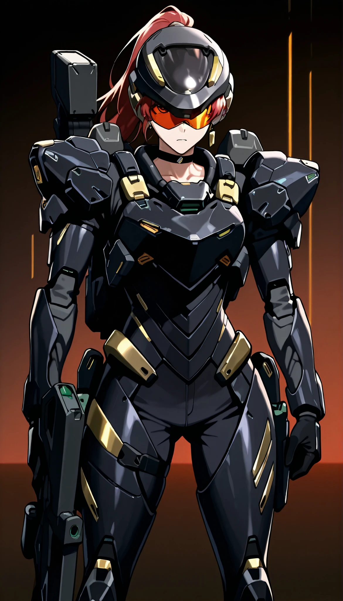 score_9, score_8_up, score_7_up,anime_screenshot,OFFICIAL ART,anime coloring, official anime artwork, screencap, anime screencap,uncensored,Newest,BREAK,1girl,solo,nikkedollasuit,ponytail,commander style,BREAK,(Sniper Rifle),full face helmet,sniper glasses,(black armor with gold line:1.5),black sci-fi bodysuit,black gloves,golden jewelries on collar,golden earrings, black holster on thigh,black choker,backpack,BREAK,cool pose,BREAK,cowboy shot,front view,sci-fi,battle field