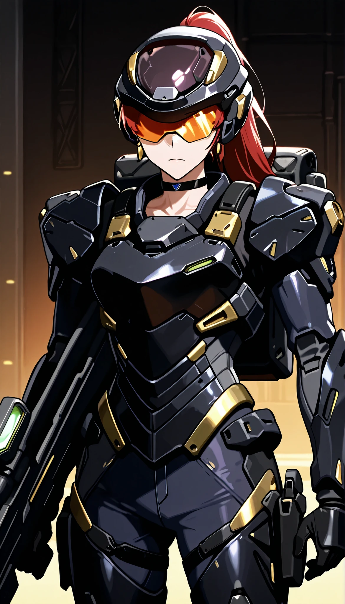 score_9, score_8_up, score_7_up,anime_screenshot,OFFICIAL ART,anime coloring, official anime artwork, screencap, anime screencap,uncensored,Newest,BREAK,1girl,solo,nikkedollasuit,ponytail,commander style,BREAK,(Sniper Rifle),full face helmet,sniper glasses,(black armor with gold line:1.5),black sci-fi bodysuit,black gloves,golden jewelries on collar,golden earrings, black holster on thigh,black choker,backpack,BREAK,cool pose,BREAK,cowboy shot,front view,sci-fi,battle field