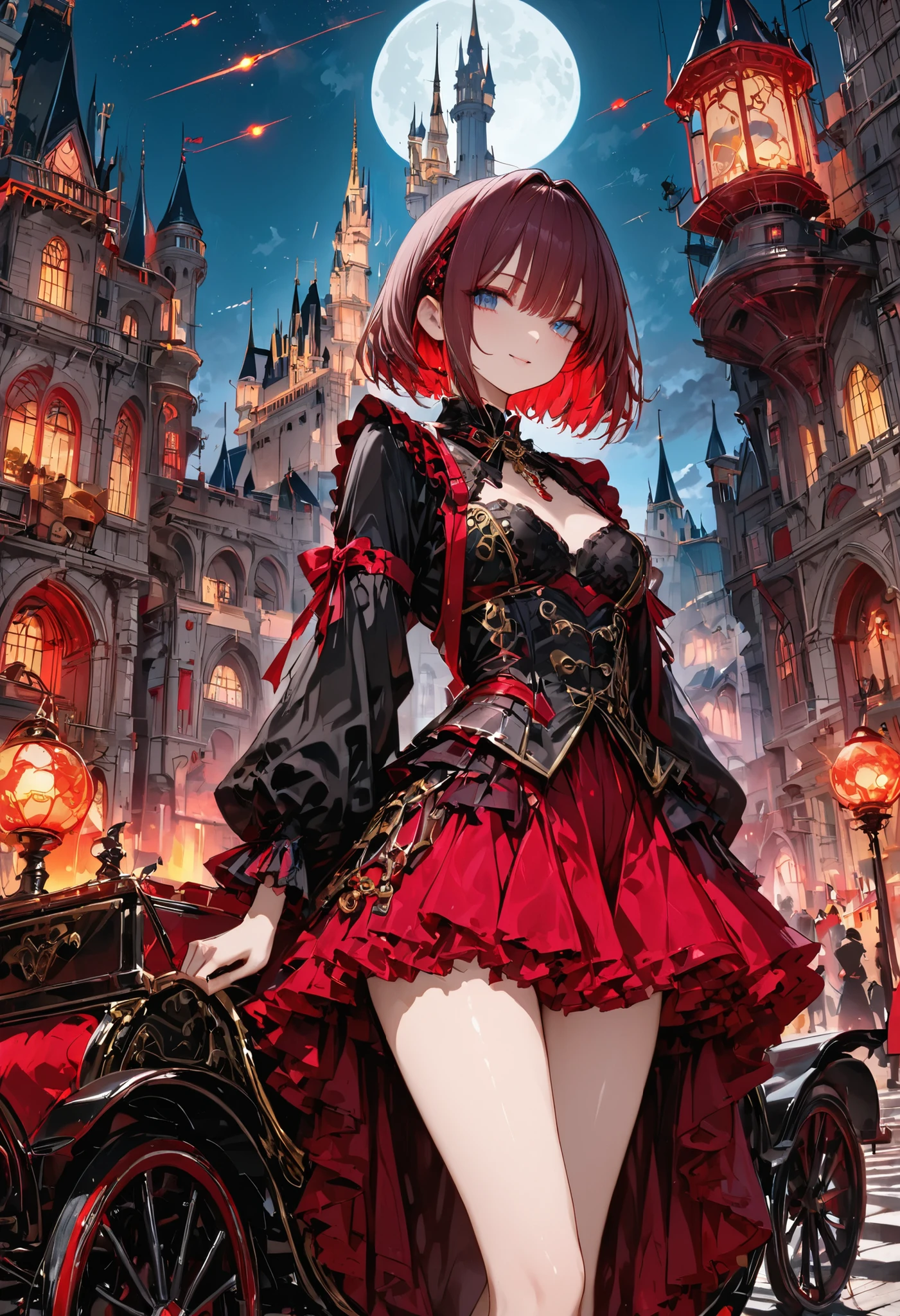 ((people々The parade of))、bright color,beautiful eyes,A delicate smile,Textured Skin,masterpiece,Kilo,best quality,gentle and beautiful woman,brown hair，shortcuts，unkempt hair，Short braided hair，Neat，スレンダー美people，correct attitude，small breasted，beautiful legs，The enchanting gray-blue eyes are shining like stars，Saggy Eyes，bright color,beautiful eyes,A delicate smile,cowboy shot、meteor、空から降り注ぐmeteor、無数のmeteor群、White Moon、(gothic parade)、classic cars、gothic girl、((背後に黒いpeople々The march of))、((people々silhouette with 2 heads))、Tokyo Cinderella Castle, people々Passes by,heavy and glamorous atmosphere、gorgeous float、A horse-drawn carriage drawn by a jet black horse、masquerade costumes、Elegant decoration、frills、race、gold embroidery、crimson and purple velvet、fiery torches、Night City、Cobblestone、majestic architecture、Contrast of Shadow and Light、Mysterious、fantastic、dramatic、High Fine、meteor、空から降り注ぐmeteor、無数のmeteor群、Textured Skin,best quality,gentle and beautiful woman,anime style､high quality lighting、add a bit of cyberpunk vibe、emphasis on detail、8K、masterpiece、Art Station、cinematic、volumetric lighting、cinematic vibe、Decadent Beauty、deep composition、
