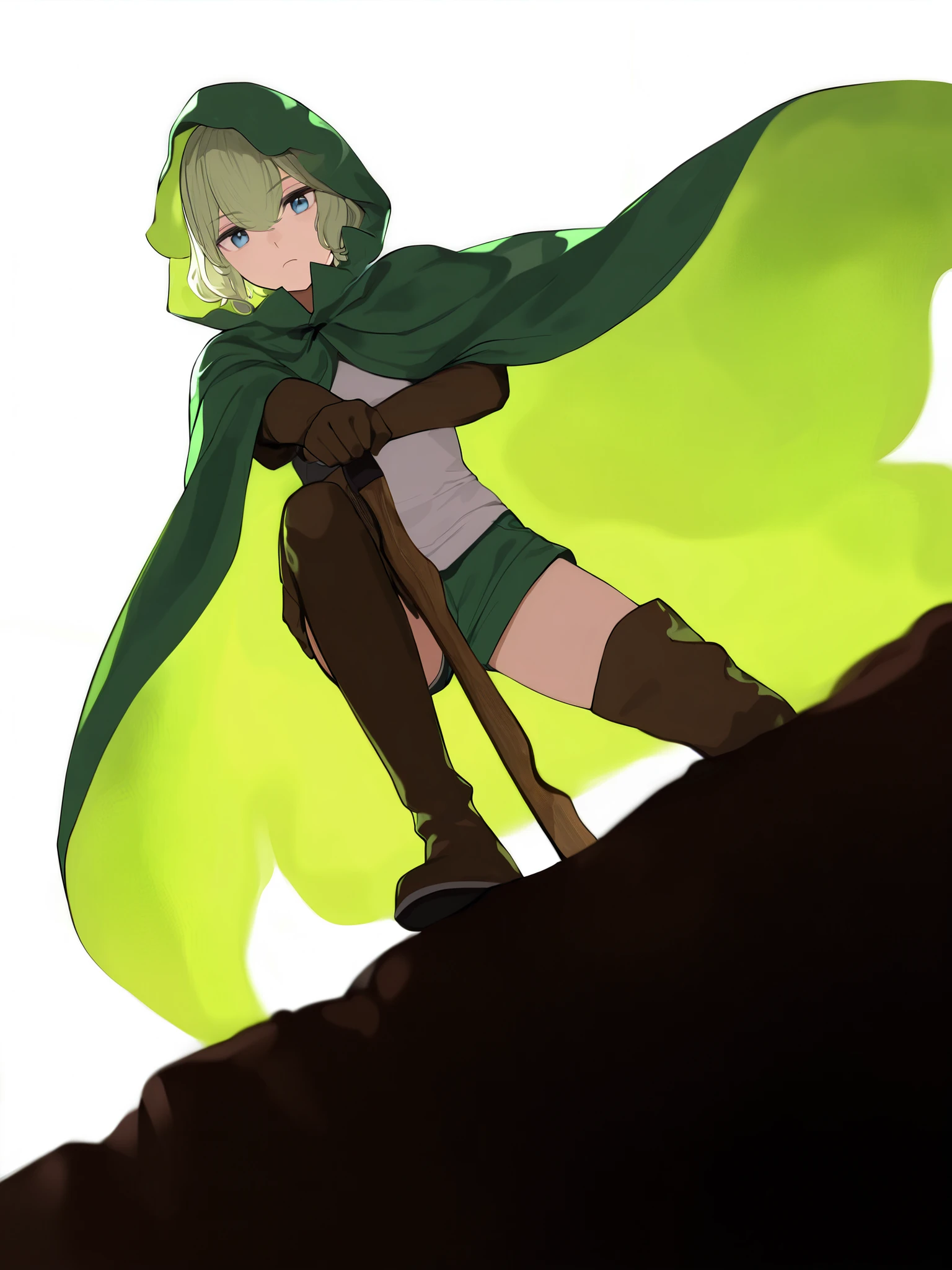 extremely aesthetic, (oil pastel painting, no lineart, physically-based rendering, by Soezima Shigenori:0.8, Yasuda Suzuhito:0.6), (a scene from a drama:1.2), masterpiece, high quality, best quality, highres, hd, 8k, subject focus, detailed eyes:1.3, clear eyes, detailed face, detailed hair expression, detailed clothing surfaces, slender female body, fairy-like beauty, newest, dimly light:1.2, dramatic shadow:1.2, rembrandt light:1.1, no outline illustration:1.2, western atmosphere:0.8, safe:1.38, 
BREAK 
ryuu lion, solo, (short hair, blonde hair:1.2, light green hair:0.8, bangs between eyes), (blue eyes, calm gaze, looking down, looking at viewer, serious expression:1.2, green mask), (RyuuCape, hooded cloak, wearing hood:1.2, holding the edge of the hood with one hand:1.3, green cloak, floating cloak, fluttering cloak), white shirt, elbow gloves, brown gloves, green shorts, brown thigh boots, wooden sword, holding a wooden sword, aiming low angle, standing on a cliff looking down:1.3, one knee bent, the sole of one shoe, dynamic action pose, 
BREAK 
wide shot, full body, dynamic low angle:1.3, view from thigh level:1.2, face focus, cowboy shot, dutch angle, depth of field, 
BREAK 
daytime, swirling wind and dust, abstract wind expression:1.38, clear sky:1.3, slightly backlit:0.8