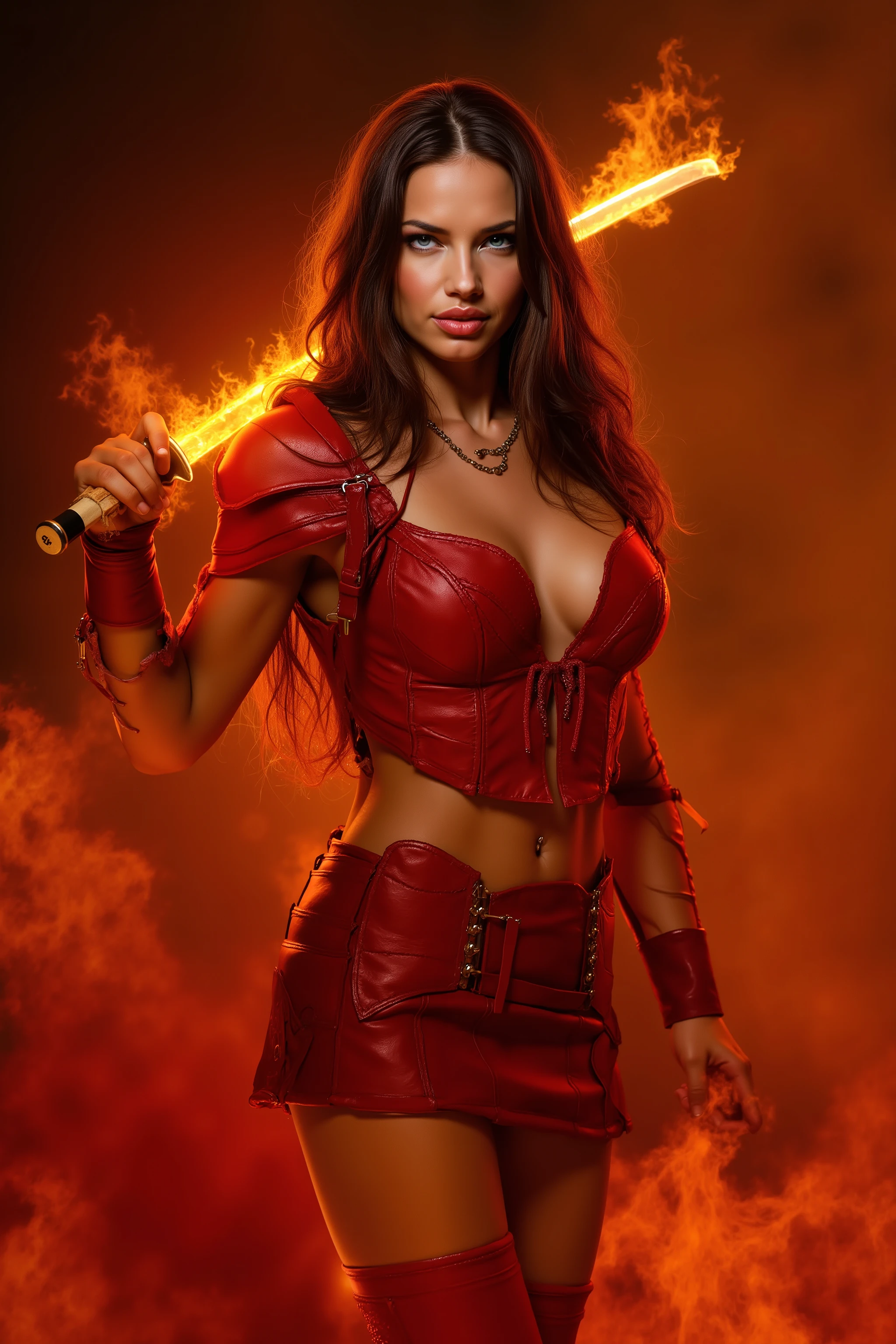  a beautiful woman, Adriana Lima, seductive, short red leather armor, brunette, barbarian, sorceress, fire elemental, burning blades, makeup, sexy, detailed, blue eyes, fire, inferno, surrounded by flames, (best quality,4k,8k,highres,masterpiece:1.2),ultra-detailed,(realistic,photorealistic,photo-realistic:1.37),HDR,UHD,studio lighting,ultra-fine painting,sharp focus,physically-based rendering,extreme detail description,professional,vivid colors,bokeh,nylon stockings, high heel boots, full body