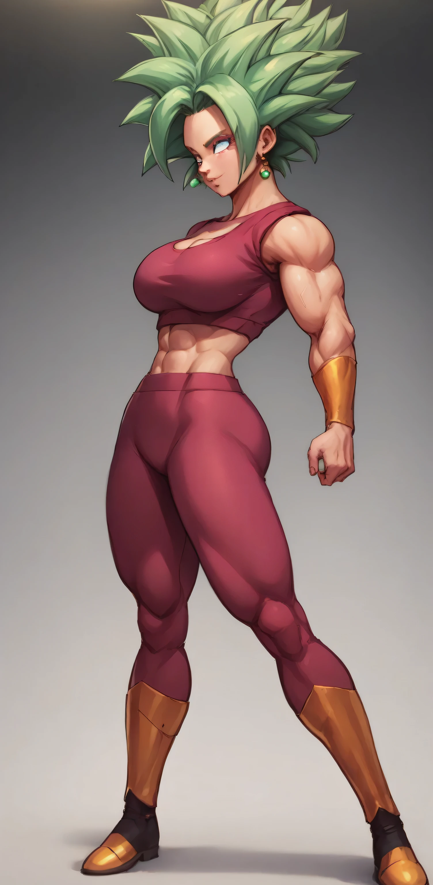 Camera angle 3 PM, Side profile to the viewer, Body diagonally, body to the side, hips to the side, Full body, camera showing full body , Kefla de dbs black hair, 1 girl, Herotica , slim, with her tight red neckline , her tight red pants , her golden wristbands , golden boots , She has big and sexy tits, light green hair , cleavage on the breasts, bright green hair, large breasts, perfect lighting, lighting from all angles, saturated colors , body without muscles, thin body