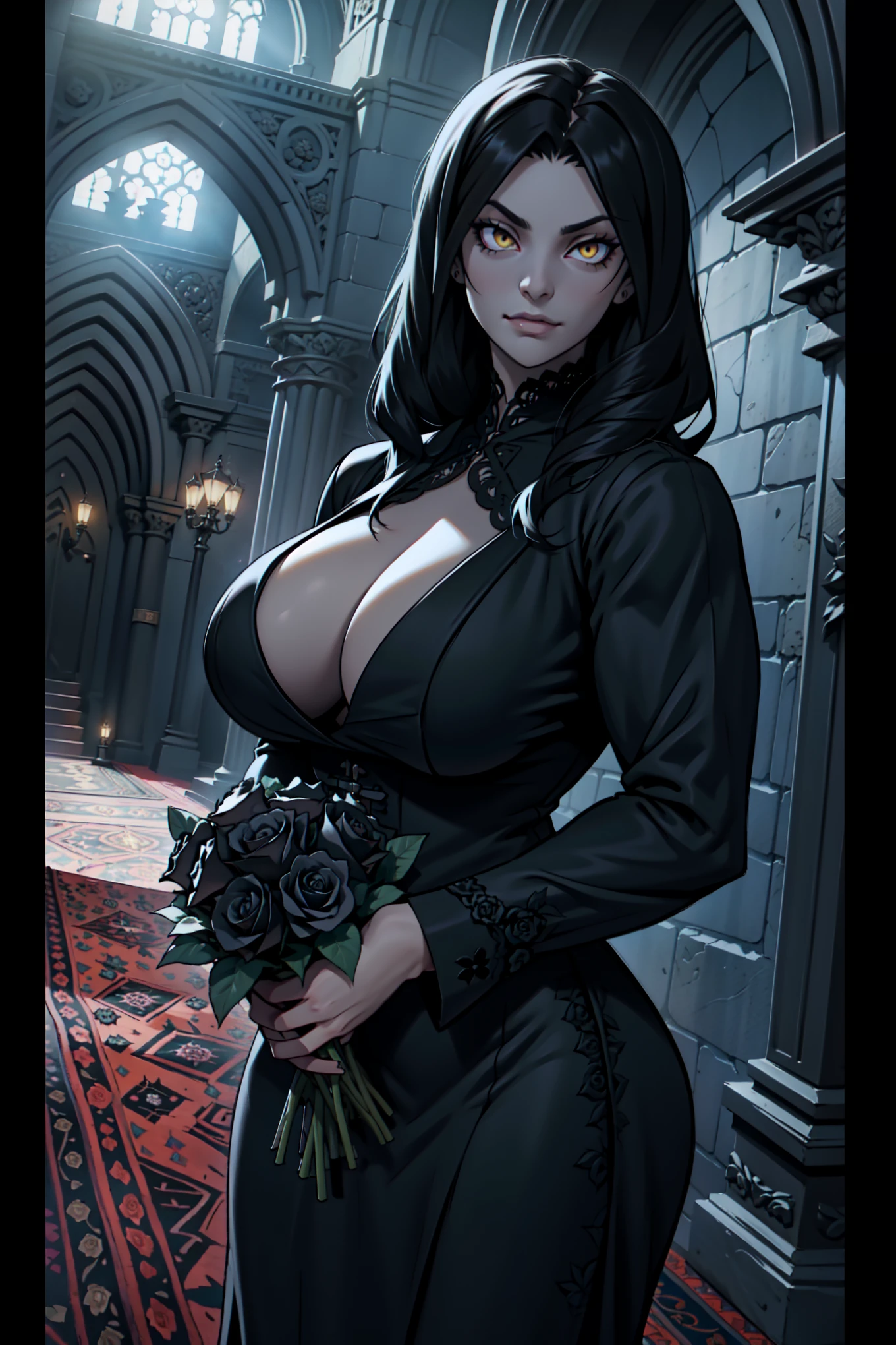 a close up portrait mode Cartoon style GTA style digital illustration of a woman in a black dress and black hair, linda rainha vampira, linda rainha feminina vampira, gothic maiden, very beautiful gothic top model, beautiful vampira feminina, goth girl, goth girl, gothic maiden of the dark, Gothic style, gothic woman, gothic clothes, gothic outfit, moda vampiro, vampira feminina, wearing a gothic dress