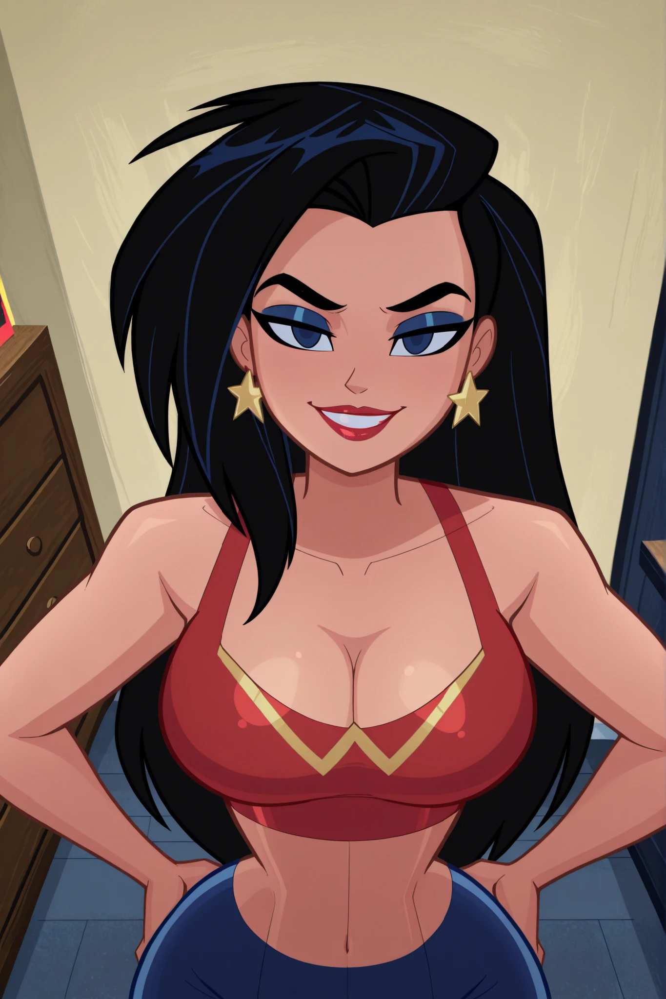 BREAK, score_6_up, score_9, score_8_up, score_7_up, ultra quality, solo, 1girl, wonderwomanjla, long hair, black hair, bare shoulders, jewelry, earrings, busty, red sports bra, blue jogging pants, makeup, lipstick, star earrings, looking at viewer, seducing viewer, teasing viewer, smiling, seductive expression, bedroom eyes, athletic, large breasts, cleavage, curvy, narrow waist, upper body, portrait, screencap, indoors, bedroom, standing, high-angle view, closeup, midriff, blue eyeshadow, black eyeliner, hands on waist 