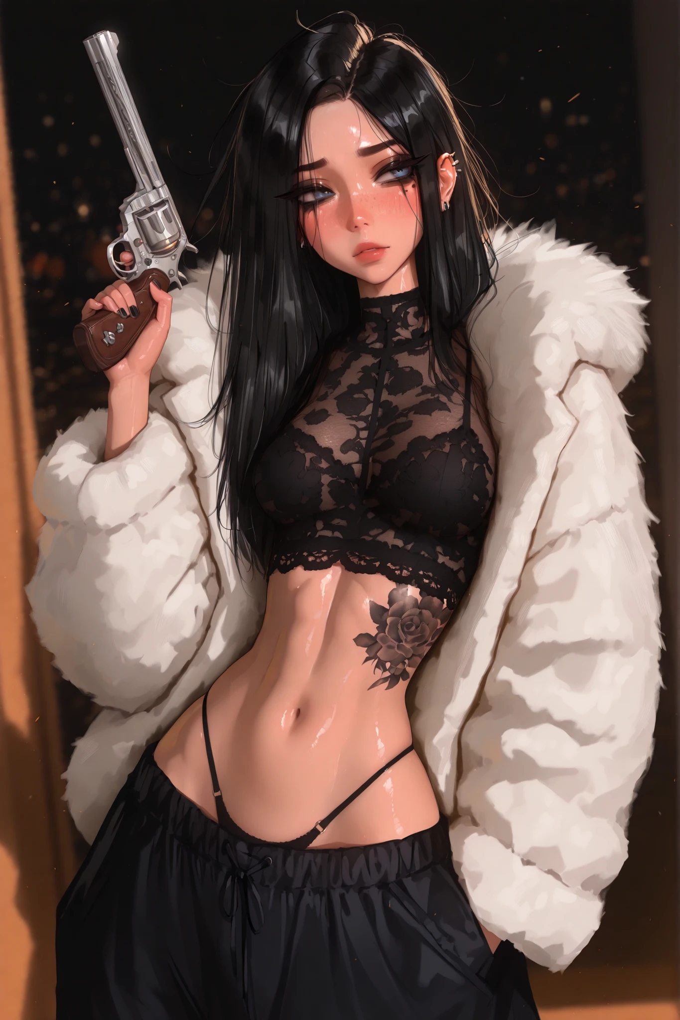 masterpiece, best quality, very aesthetic, movie quality, depth of field, soft saturation, focused subject, ,official style, shiny skin,1girl, messy emo hair, long black hair,  blue eyes, forehead, tattoos, feline eyeliner, big eyelashes, e-girl, slender body,, (lulu ffx), ,, small breasts, , , shirow masamune, sam yang, black tattoos, full-body-tattoos, , dark eye makeup, freckles, blush, piercings, nose stud, baggy pants, thong straps, holding magnum revolver, see through lace top, very slender body, skinny, fur coat