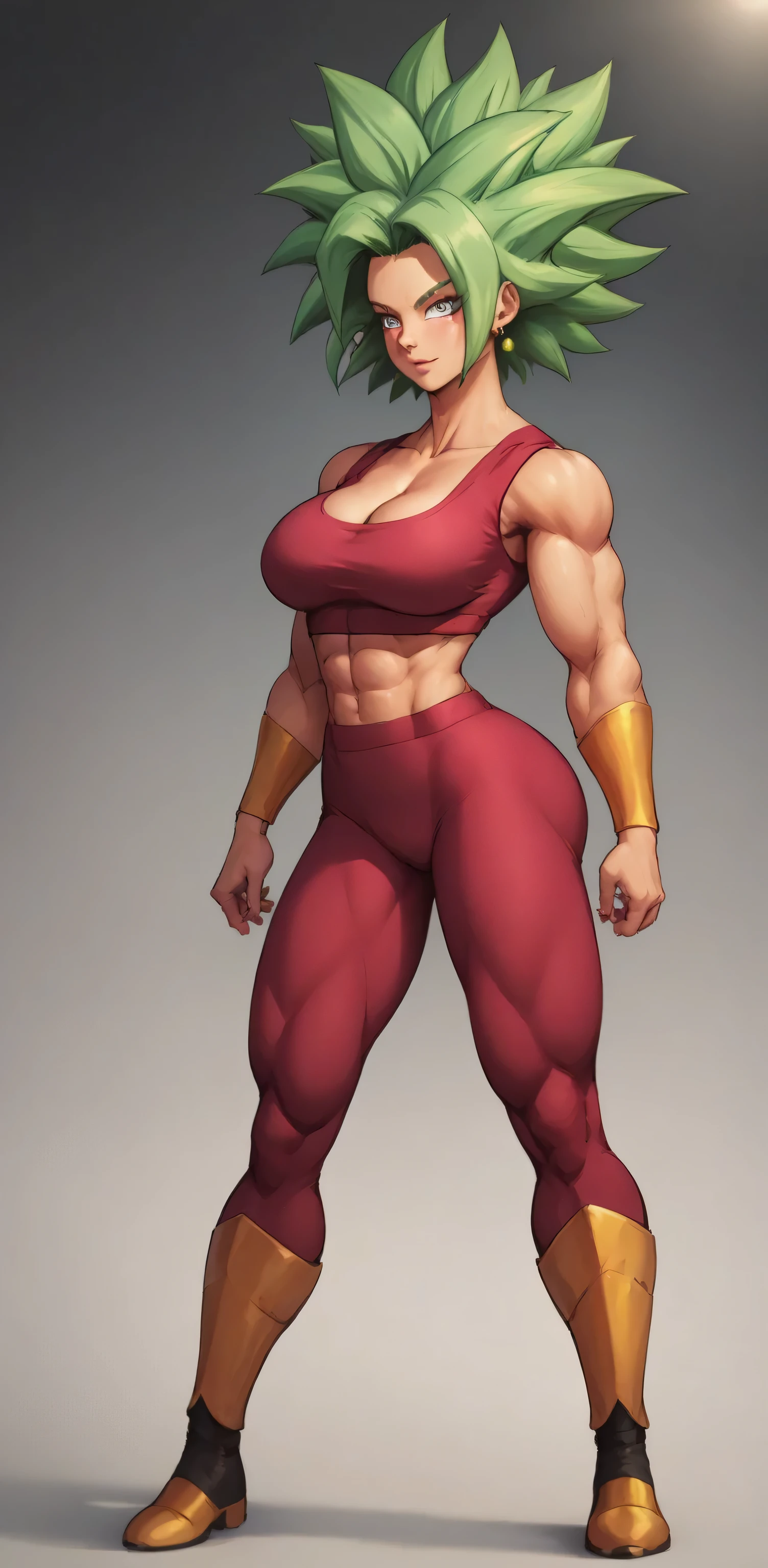 Camera angle 3 PM, Side profile to the viewer, Body diagonally, body to the side, hips to the side, Full body, camera showing full body , Kefla de dbs black hair, 1 girl, Herotica , slim, with her tight red neckline , her tight red pants , her golden wristbands , golden boots , She has big and sexy tits, light green hair , cleavage on the breasts, bright green hair, large breasts, perfect lighting, lighting from all angles, saturated colors , body without muscles, thin body