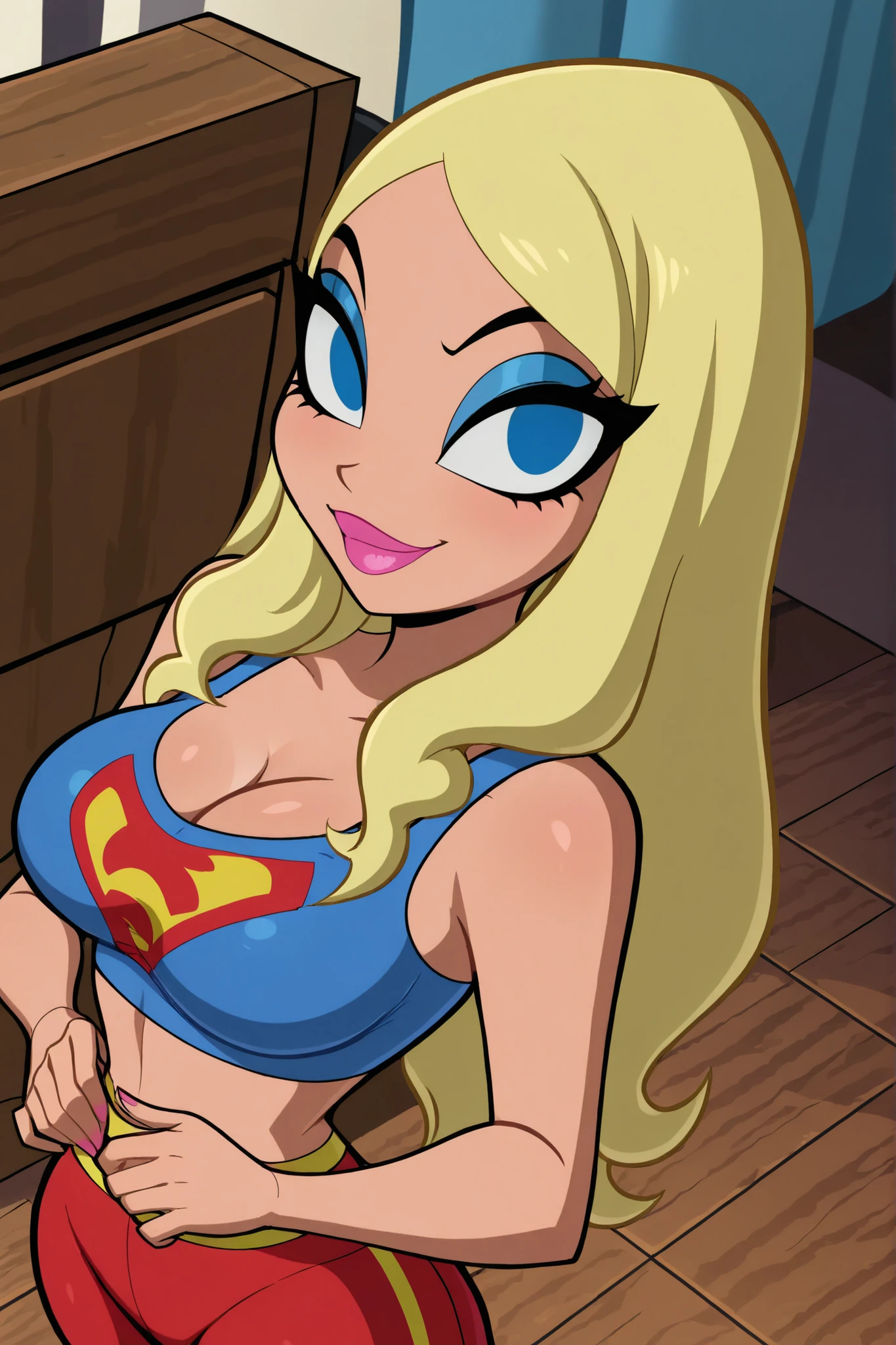 BREAK, score_6_up, score_7_up, score_8_up, score_9, masterpiece, best quality, amazing quality, SGJLA, 1girl, solo, blonde hair, blue eyes, pink lipstick, long hair, makeup, large breasts, busty, cleavage, curvy, athletic, looking at viewer, seducing viewer, teasing viewer, seductive expression, smiling, closed mouth, bedroom eyes, blue sports bra, red jogging pants, indoors, bedroom, standing, closeup, portrait, upper body, high-angle view, blue eyeshadow, black eyeliner, hands on waist