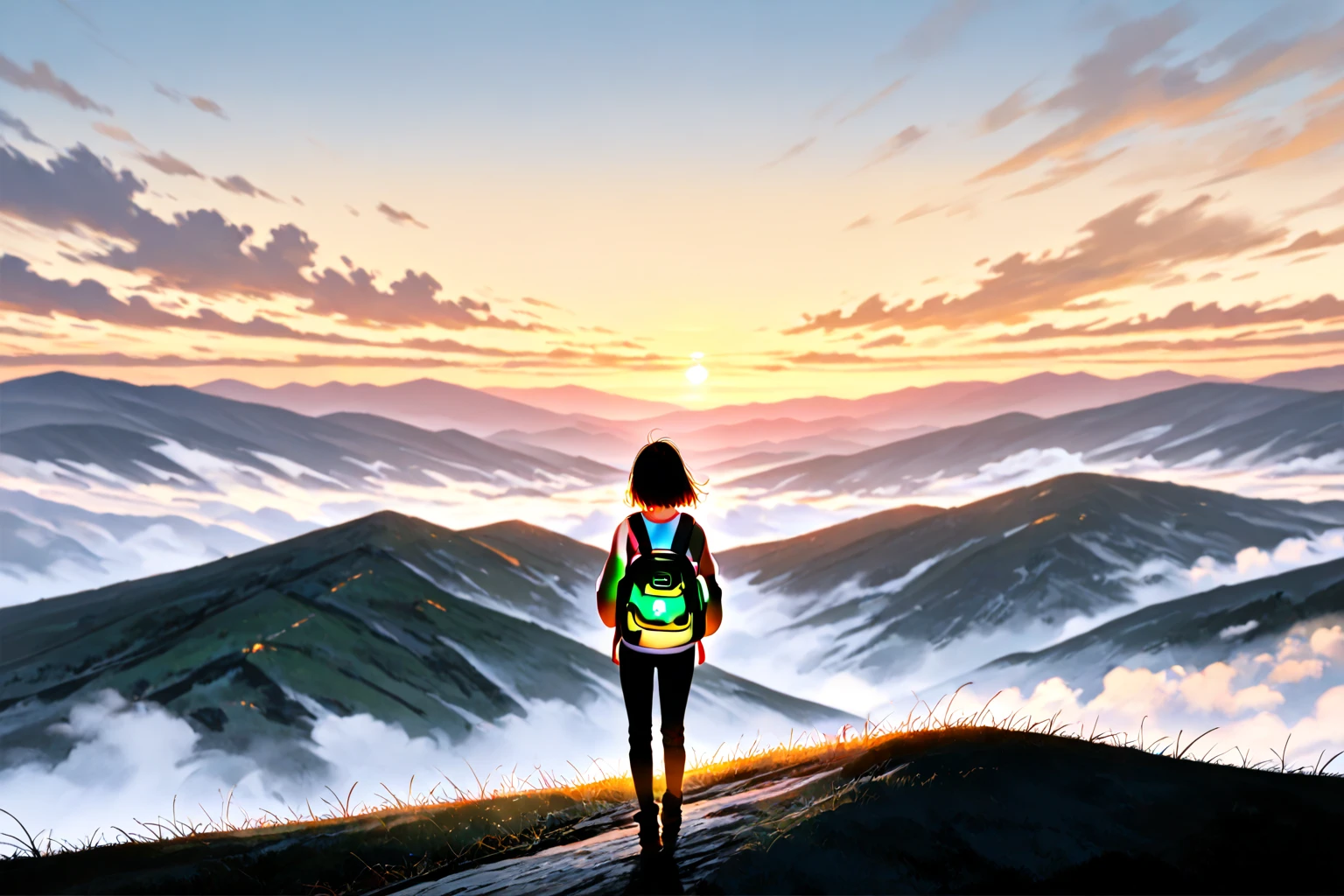 A girl with a backpack standing on green grass looking at sky, the sky full of beautiful stars, sunset timing, cameraman angle behind from her,