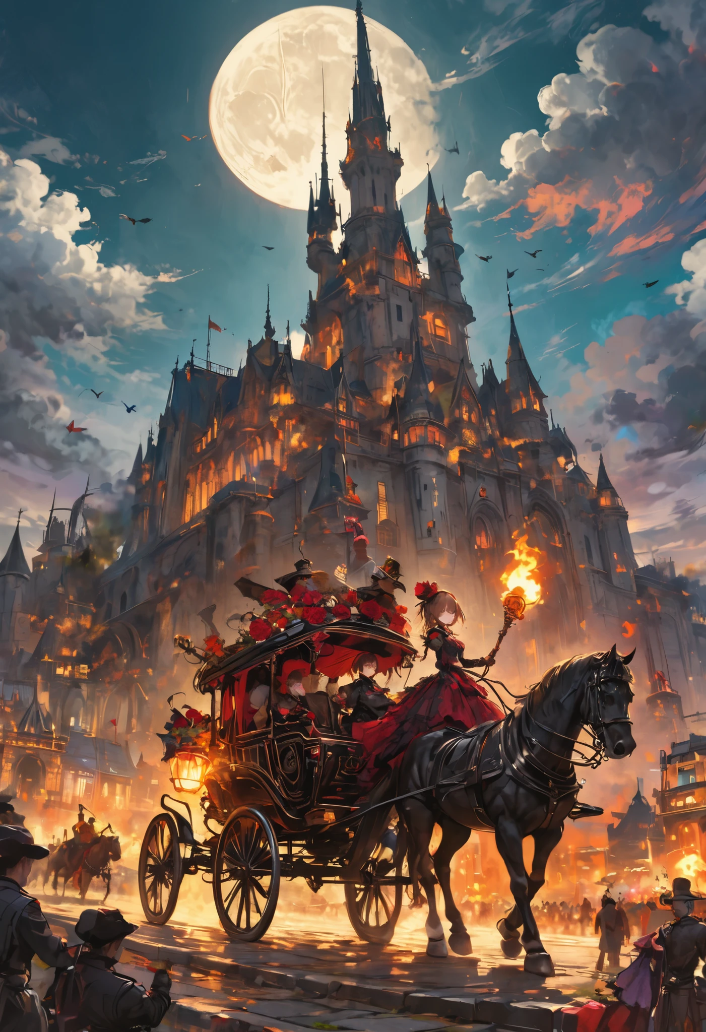 ((people々The parade of))、brown hair,shortcuts,unkempt hair,Short braided hair,Neat,スレンダー美people,correct attitude,small breasted,beautiful legs,The enchanting gray-blue eyes are shining like stars,Saggy Eyes,bright color,beautiful eyes,A delicate smile,cowboy shot、meteor、空から降り注ぐmeteor、無数のmeteor群、White Moon、(gothic parade)、classic cars、gothic girl、((背後に黒いpeople々The march of))、((people々silhouette with 2 heads))、Tokyo Cinderella Castle, people々Passes by,heavy and glamorous atmosphere、gorgeous float、A horse-drawn carriage drawn by a jet black horse、masquerade costumes、Elegant decoration、frills、race、gold embroidery、crimson and purple velvet、fiery torches、Night City、Cobblestone、majestic architecture、Contrast of Shadow and Light、Mysterious、fantastic、dramatic、High Fine、meteor、空から降り注ぐmeteor、無数のmeteor群、Textured Skin,best quality,gentle and beautiful woman,anime style、high quality lighting、add a bit of cyberpunk vibe、emphasis on detail、8K、masterpiece、Art Station、cinematic、volumetric lighting、cinematic vibe、Decadent Beauty、deep composition、