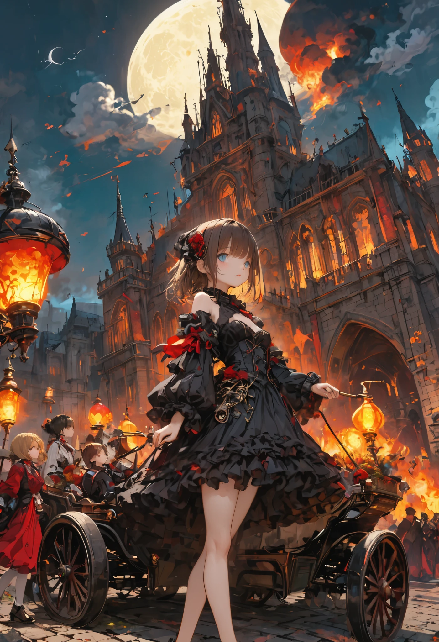 ((people々The parade of))、brown hair，shortcuts，unkempt hair，Short braided hair，Neat，スレンダー美people，correct attitude，small breasted，beautiful legs，The enchanting gray-blue eyes are shining like stars，Saggy Eyes，bright color,beautiful eyes,A delicate smile,cowboy shot、meteor、空から降り注ぐmeteor、無数のmeteor群、White Moon、(gothic parade)、classic cars、gothic girl、((背後に黒いpeople々The march of))、((people々silhouette with 2 heads))、Tokyo Cinderella Castle, people々Passes by,heavy and glamorous atmosphere、gorgeous float、A horse-drawn carriage drawn by a jet black horse、masquerade costumes、Elegant decoration、frills、race、gold embroidery、crimson and purple velvet、fiery torches、Night City、Cobblestone、majestic architecture、Contrast of Shadow and Light、Mysterious、fantastic、dramatic、High Fine、meteor、空から降り注ぐmeteor、無数のmeteor群、Textured Skin,best quality,gentle and beautiful woman,anime style､high quality lighting、add a bit of cyberpunk vibe、emphasis on detail、8K、masterpiece、Art Station、cinematic、volumetric lighting、cinematic vibe、Decadent Beauty、deep composition、