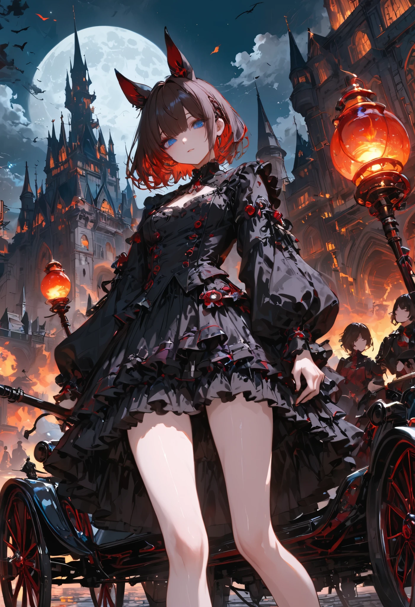 ((people々The parade of))、brown hair，shortcuts，unkempt hair，Short braided hair，Neat，スレンダー美people，correct attitude，small breasted，beautiful legs，The enchanting gray-blue eyes are shining like stars，Saggy Eyes，bright color,beautiful eyes,A delicate smile,cowboy shot、meteor、空から降り注ぐmeteor、無数のmeteor群、White Moon、(gothic parade)、classic cars、gothic girl、((背後に黒いpeople々The march of))、((people々silhouette with 2 heads))、Tokyo Cinderella Castle, people々Passes by,heavy and glamorous atmosphere、gorgeous float、A horse-drawn carriage drawn by a jet black horse、masquerade costumes、Elegant decoration、frills、race、gold embroidery、crimson and purple velvet、fiery torches、Night City、Cobblestone、majestic architecture、Contrast of Shadow and Light、Mysterious、fantastic、dramatic、High Fine、meteor、空から降り注ぐmeteor、無数のmeteor群、Textured Skin,best quality,gentle and beautiful woman,anime style､high quality lighting、add a bit of cyberpunk vibe、emphasis on detail、8K、masterpiece、Art Station、cinematic、volumetric lighting、cinematic vibe、Decadent Beauty、deep composition、