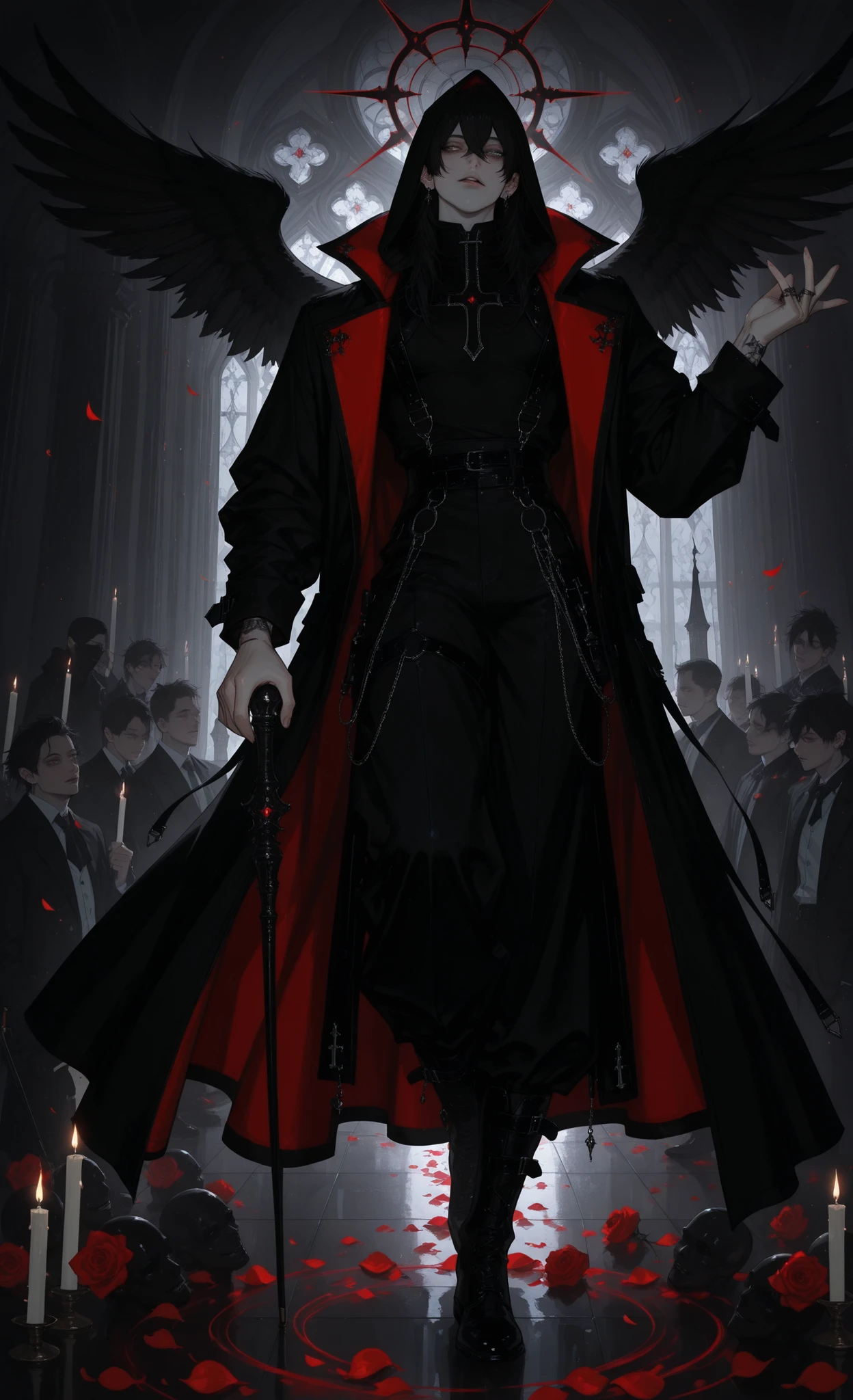 masterpiece, best quality, ultra-detailed:1.4, 8k, gothic parade, dramatic atmosphere,
1man, male, solo, androgynous beauty, wearing a full-face silver mask with slits for eyes, long black cloak with celestial patterns, leading the parade with a raised staff that glows with purple energy, followers in hooded robes behind him,
wearing an elaborate black and crimson victorian-style military coat with gold embroidery, tattered lace cuffs, a silk cravat, leather trousers, and worn riding boots, holding a silver-tipped cane, a single black rose pinned to his lapel, ghostly pale hands,
standing proudly on a ornate float shaped like a weeping angel, surrounded by swirling mist and falling rose petals, phantom masks and candles floating in the air, gothic cathedral spires in the background, night sky, cinematic lighting, dramatic shadows, haunting beauty, dark romanticism, fantasy art, character design sheet, full body.