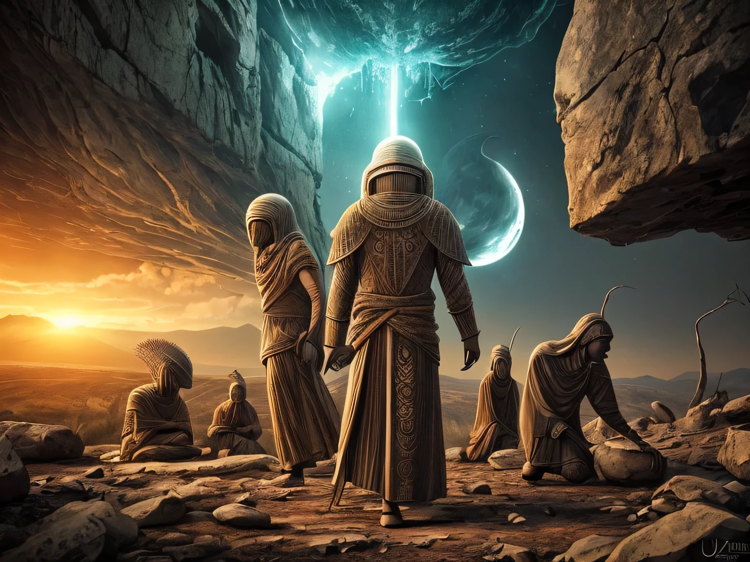 Anunnaki, NLP-ji, nezemljani in posmrtno življenje, a highly detailed, photorealistic digital illustration, hyperrealistic, 8K,  masterpiece, concept art, cinematic lighting, anunnaki beings with intricate extraterrestrial features,  NLP-ji figure interacting with otherworldly nezemljani, soulful afterlife scene with intricate details, intricate textures,dramatic moody tones,vivid colors,cinematic atmosphere,ultra-fine detail
