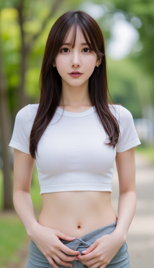 close-up of beautiful South Korean, Song Joo A is a South Korean digital creator and model, youthful face, perfect body, white body skin,  looking pose, very long hair, black hair, straight hair, flat bangs cut, 36 inches  size, wearing a tight plain white short-sleeved t-shirt, wearing a tight camouflage legging pants, at the military training camp, military training camp background, UHD