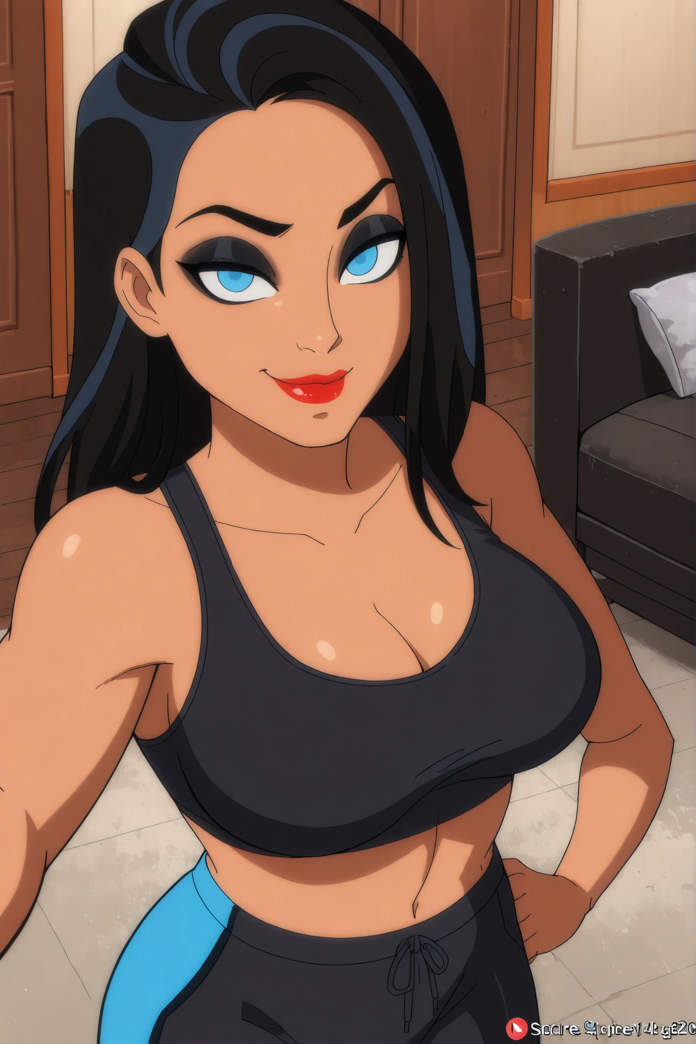 BREAK, score_6_up, score_7_up, score_8_up, score_9, 1girl, solo, long hair, blue eyes, black hair, two-tone hair, lipstick, makeup, dark-skinned female, t4l1a4lg00l, large breasts, busty, cleavage, curvy, athletic, looking at viewer, seducing viewer, teasing viewer, seductive expression, smiling, closed mouth, bedroom eyes, black sports bra, black jogging pants, indoors, bedroom, standing, closeup, portrait, upper body, high-angle view, black eyeshadow, black eyeliner 